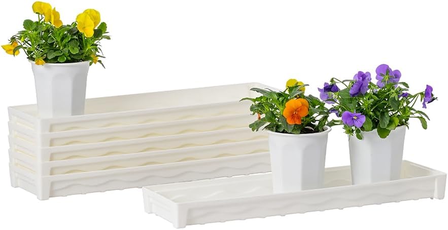 BangQiao 6 Pack 16.20 Inch White Plastic Decorative Rectangular Planter Pot Saucer Drip Tray with Removable Drain Plug for Windowsill, Shelf, Tabletop, Kitchen, Balcony, Small Potted Plant