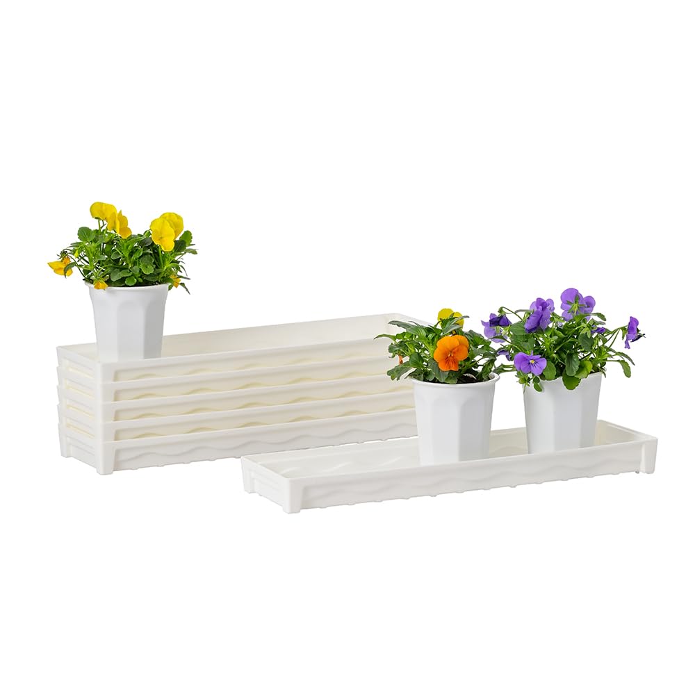 BangQiao 6 Pack 16.20 Inch White Plastic Decorative Rectangular Planter Pot Saucer Drip Tray with Removable Drain Plug for Windowsill, Shelf, Tabletop, Kitchen, Balcony, Small Potted Plant