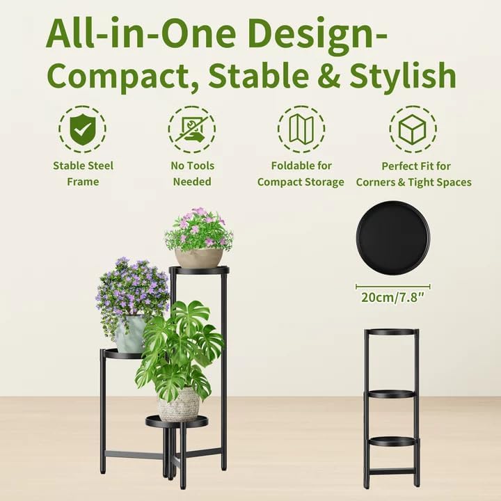 3 Tier Large Plant Stand Indoor with 7.9 Inch Wide Tray, Tiered Corner Metal Outdoor Flower Holder Stand, Folding Tall Rack for Display Shelf for Patio Porch Balcony - BlackDisk