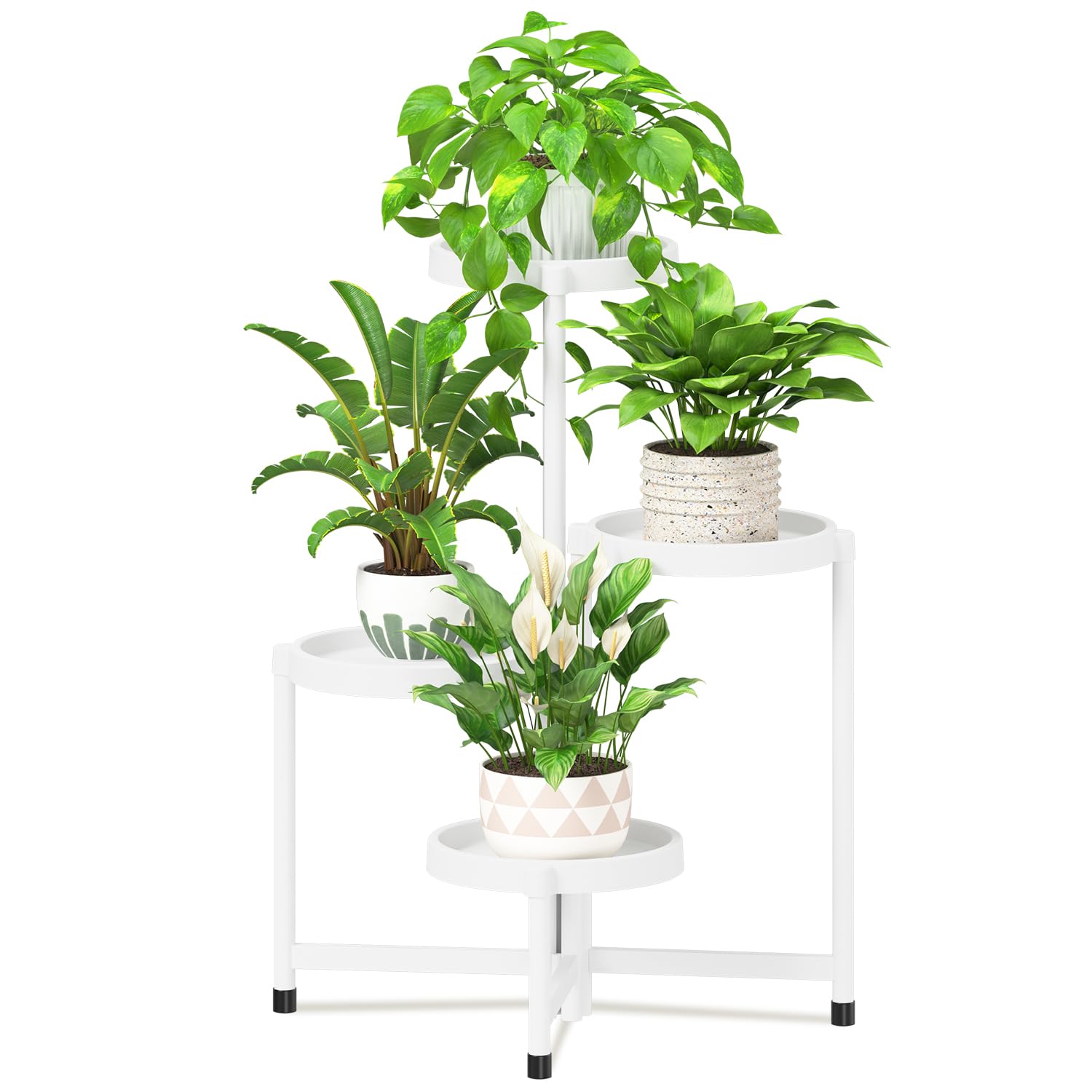 iDavosic.ly 3 Tier Folding Plant Stand Indoor Outdoor with Plastic Tray, Tiered Corner Flower Holder Shelf, Metal Orchid Display Rack for Patio Porch Living Room Garden Balcony, Modern Black