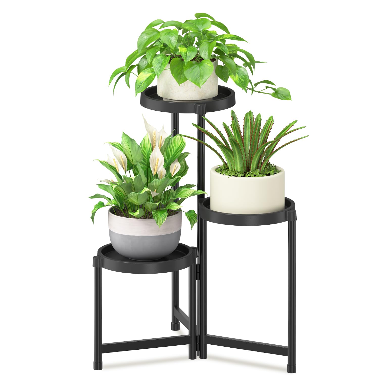 iDavosic.ly 3 Tier Folding Plant Stand Indoor Outdoor with Plastic Tray, Tiered Corner Flower Holder Shelf, Metal Orchid Display Rack for Patio Porch Living Room Garden Balcony, Modern Black