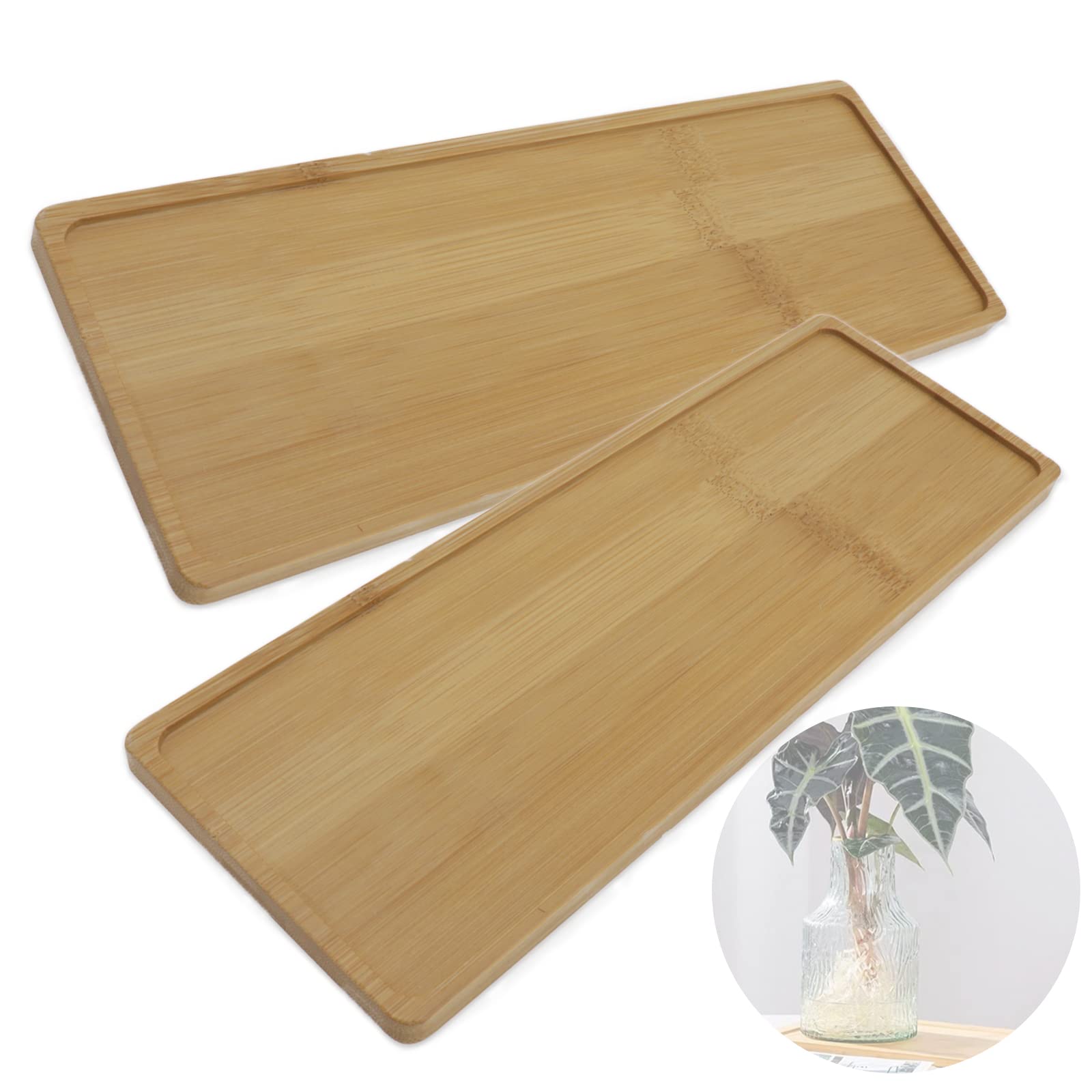 Pack of 2 Bamboo Plant Saucer Set, 11x4 Inch Rectangular Plant Trays for Indoors, Small Plant Saucers & drip Trays for Pots, Indoor Plant Accessories