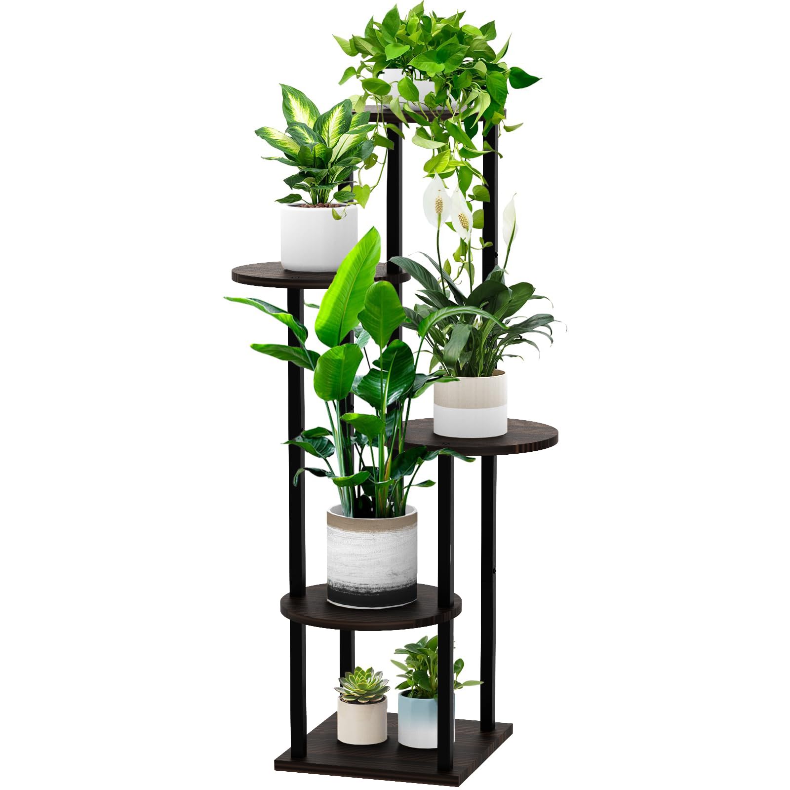5 Tier Wood Tall Plant Stand Metal Rack Indoor, Multiple Flower Pot Holder Shelves Corner Rack, Round Planter Shelf Display Rack Storage Organizer for Patio Living Room Balcony(Black Oak)