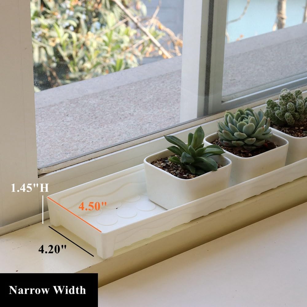 BangQiao 6 Pack 16.20 Inch White Plastic Decorative Rectangular Planter Pot Saucer Drip Tray with Removable Drain Plug for Windowsill, Shelf, Tabletop, Kitchen, Balcony, Small Potted Plant