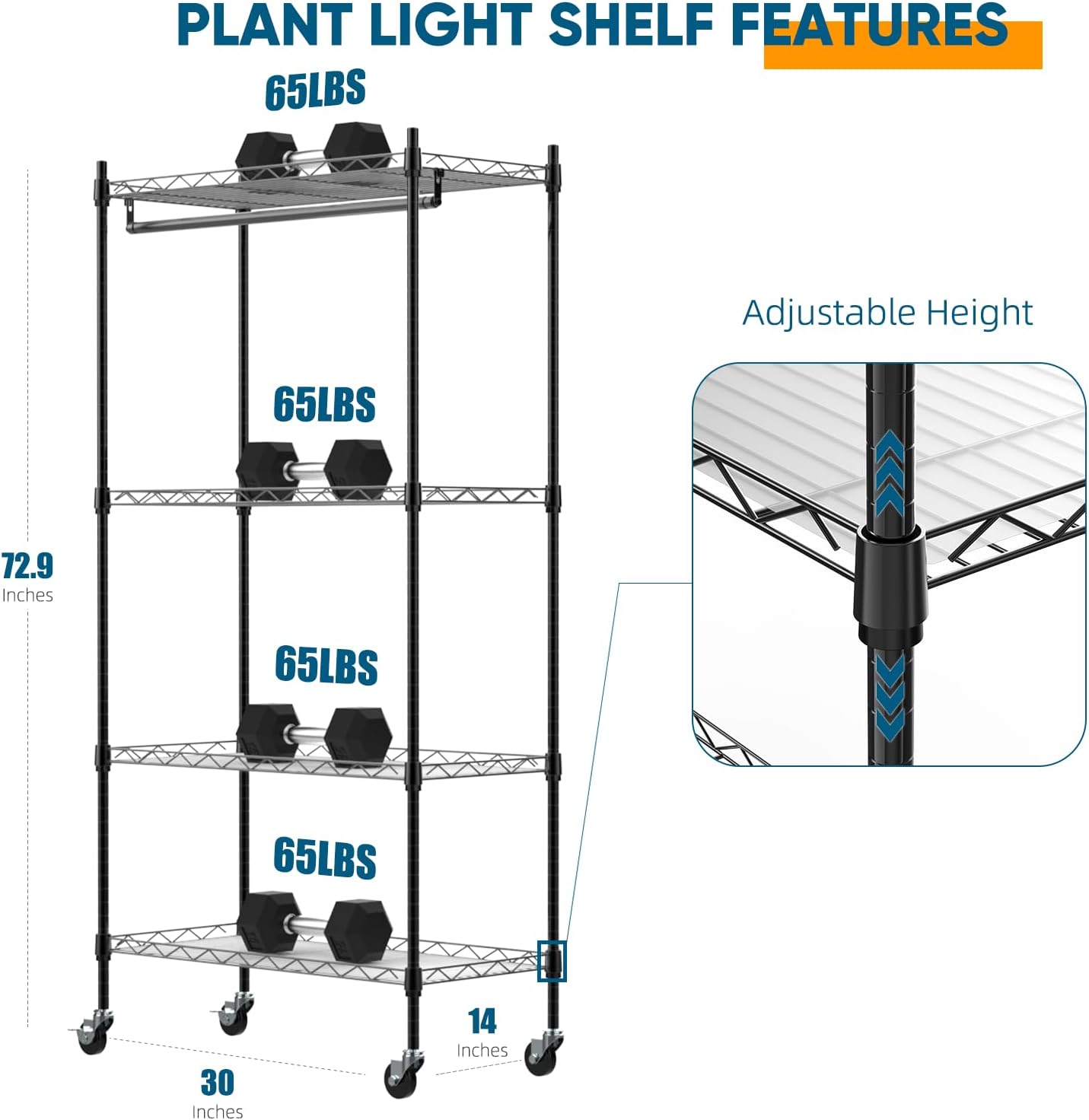 Plant Shelf with Grow Light, 4-Tier Metal Grow Light Shelf with Hanging Rod and Adjustable Rack,3-Pack 6000K T12 LED Full Spectrum Grow Lights for Seed Starting, Succulents, Built-in Timer