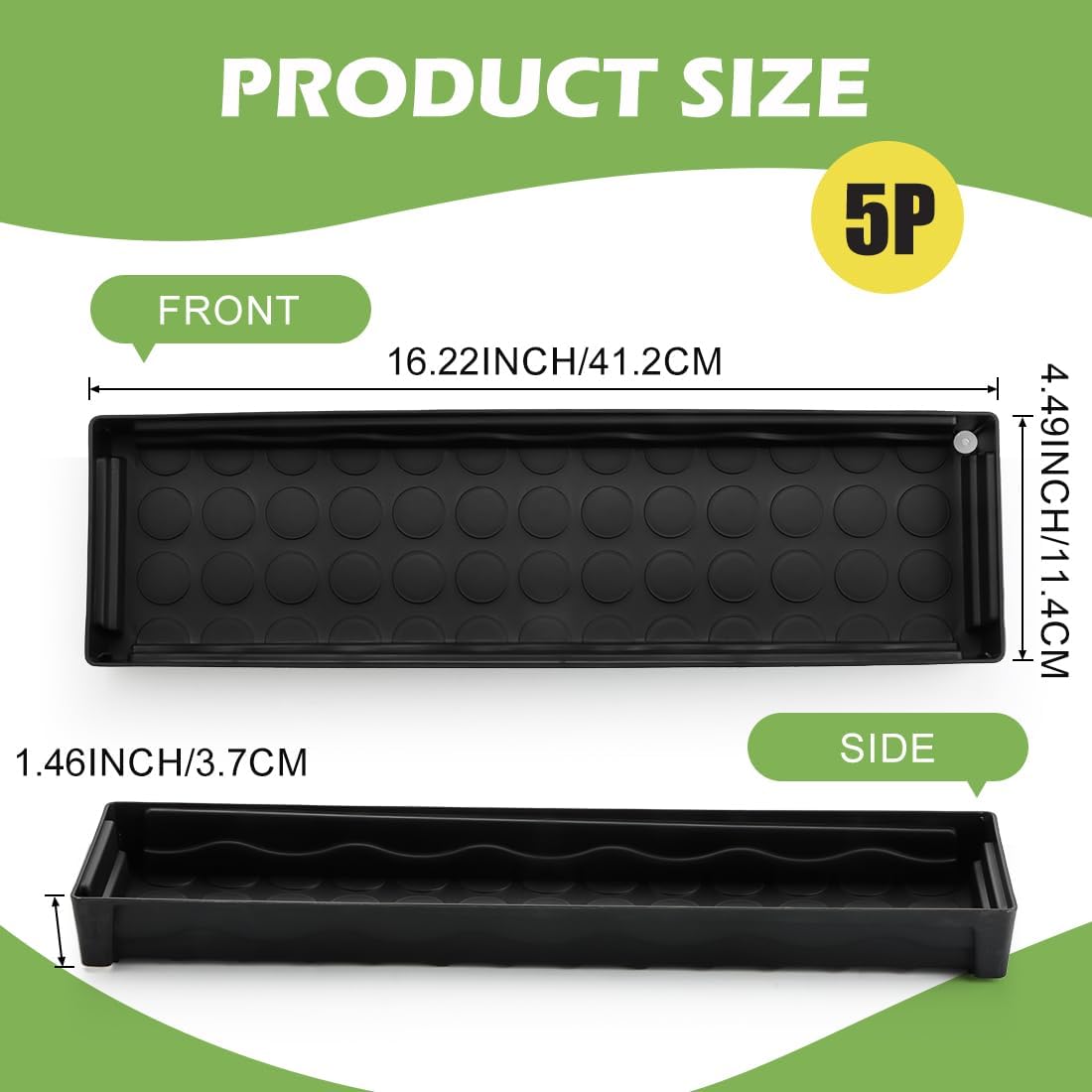5 Pack Plastic Window Sill Saucer (16"x5.5"x1.5"), Rectangular Windowsill Plant Pot Trays with Removable Drainage Hole, Thick Plant Saucer Tray for 4 inch (10CM) Flower Seedling Pots (Black)