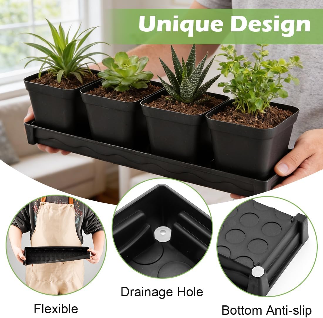 5 Pack Plastic Window Sill Saucer (16"x5.5"x1.5"), Rectangular Windowsill Plant Pot Trays with Removable Drainage Hole, Thick Plant Saucer Tray for 4 inch (10CM) Flower Seedling Pots (Black)