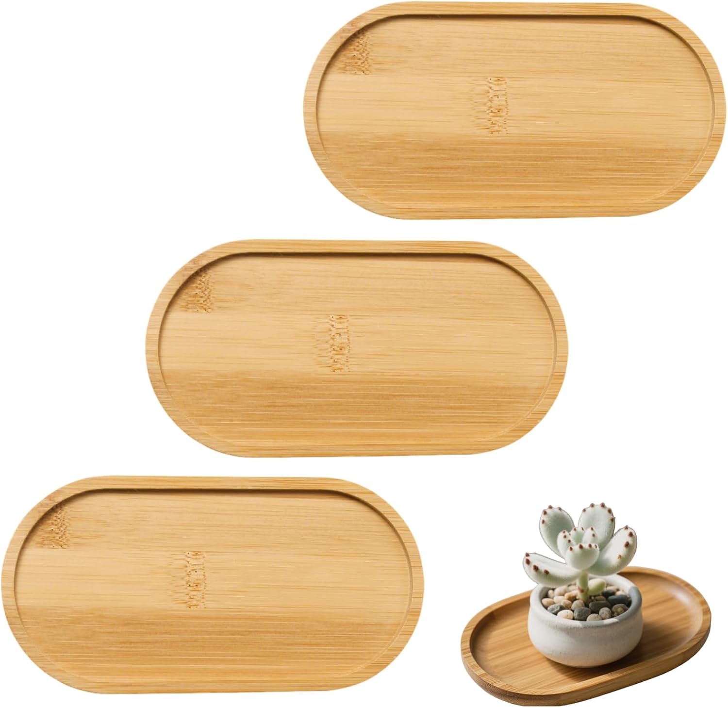 3 Pack Oval Plant Tray Sturdy Bamboo Saucer for Indoor Succulents and Flowers Windowsill Plant Tray and Snack Plate