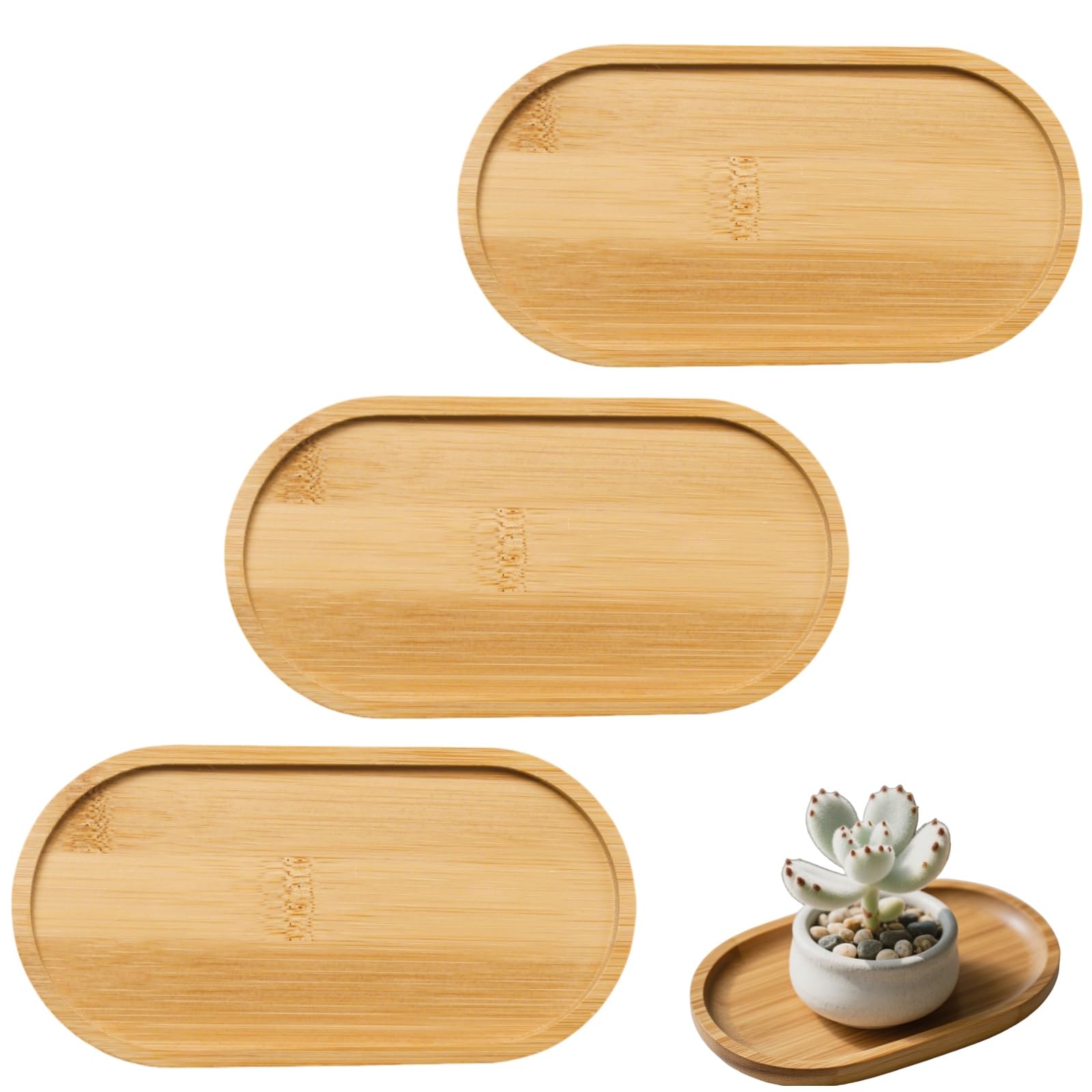 3 Pack Oval Plant Tray Sturdy Bamboo Saucer for Indoor Succulents and Flowers Windowsill Plant Tray and Snack Plate