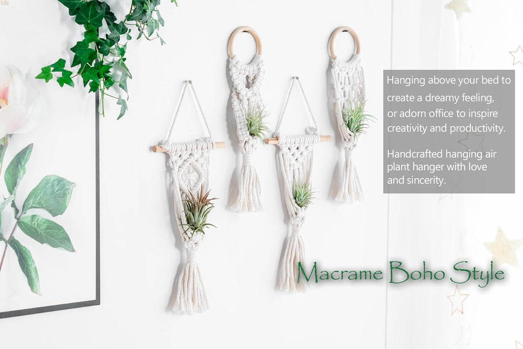 Melphoe 4 Pack Air Plants Holders Stand Air Fern Macrame Plant Hanger Indoor Hanging Planter Basket for Tillandsias Display, Boho Home Decoration Gift Idea