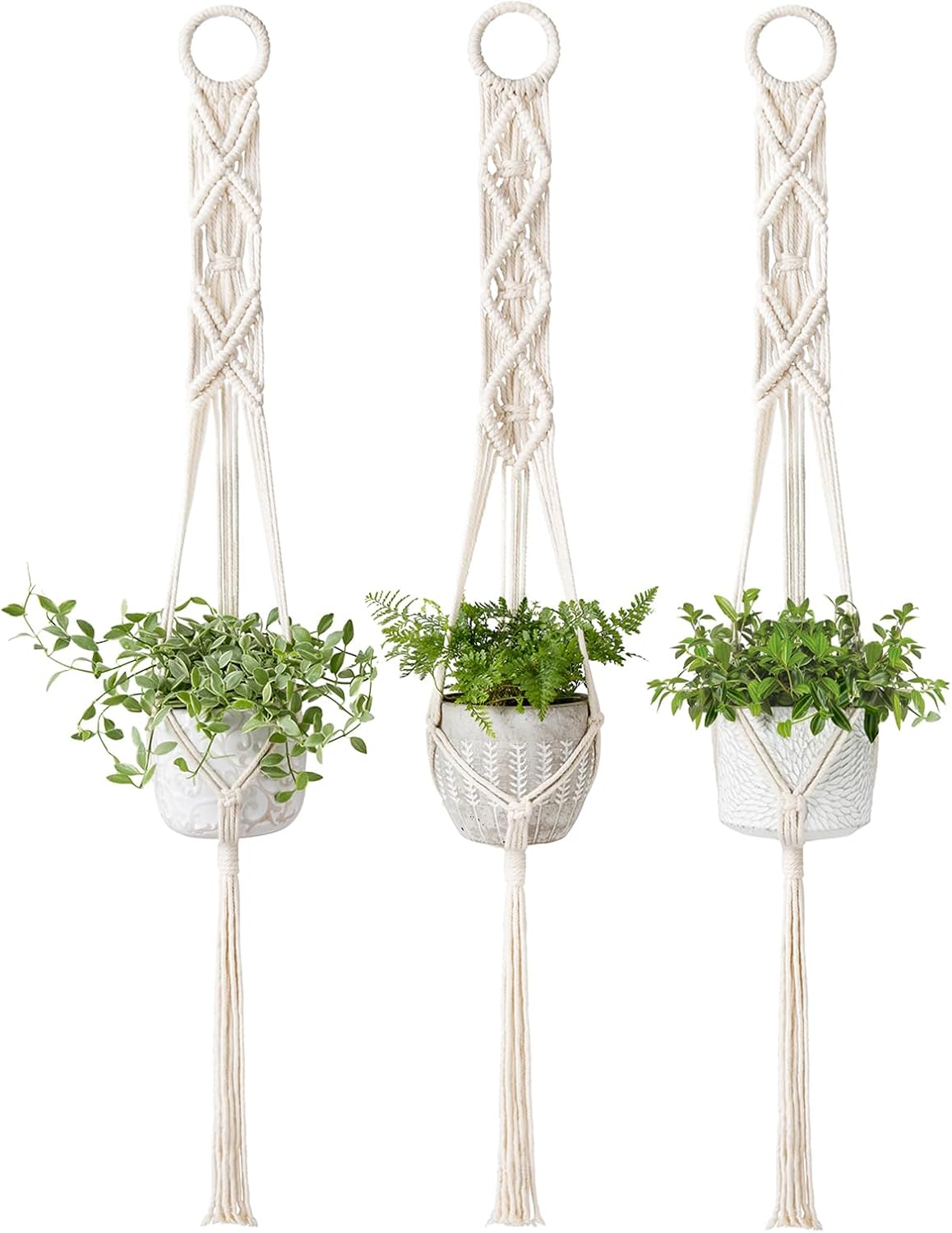 Mkono 3 Pack 39 Inch Macrame Plant Hangers Indoor Wall Hanging Planter Basket Flower Pot Holder Boho Home Decor, Ivory
