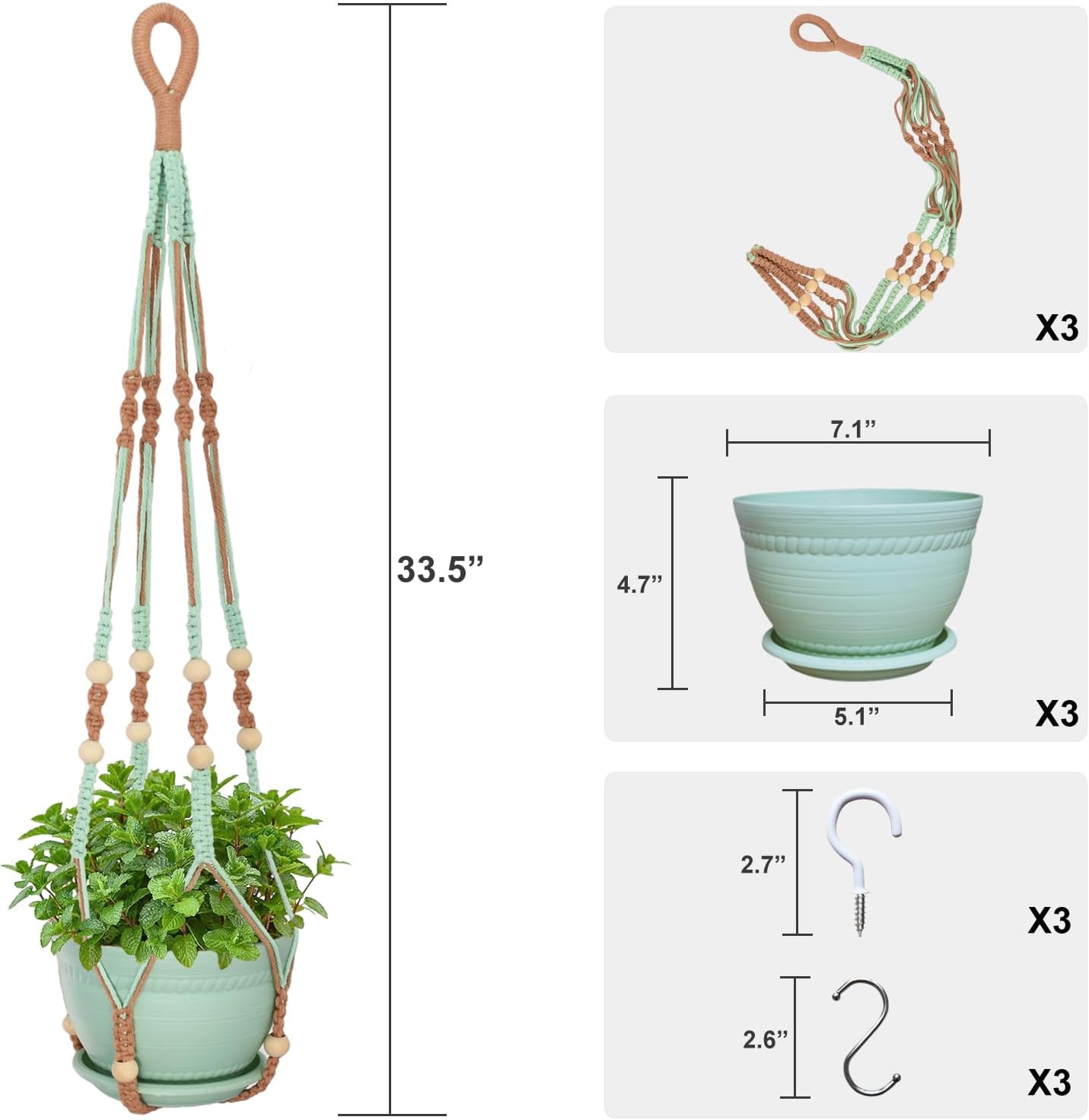 Macrame Plant Hanger with Pot, 3 Set Hanging Planters for Indoor Plants, Handmade Cotton Rope Boho Home Decor, Idea Gift for Anyone, Includes Plant Holders, Pots, Plates and Hooks (Mixed Color-1)