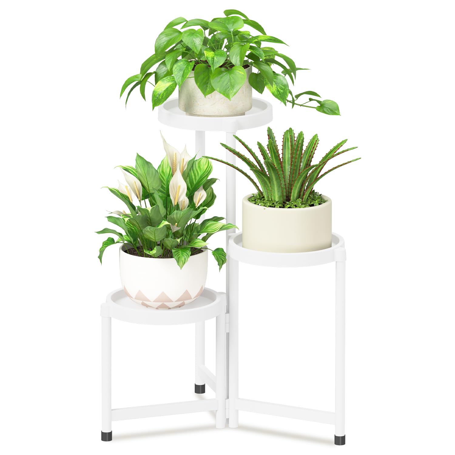 iDavosic.ly 3 Tier Folding Plant Stand Indoor Outdoor with Plastic Tray, Tiered Corner Flower Holder Shelf, Metal Orchid Display Rack for Patio Porch Living Room Garden Balcony, Modern Black