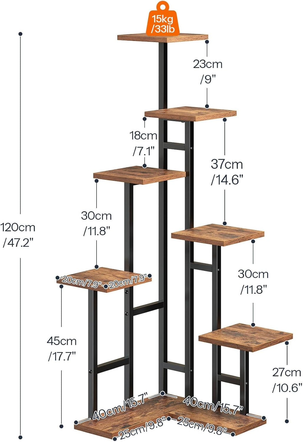 HOOBRO Corner Plant Stand Indoor, 7-Tier Plant Shelf for Multiple Indoor Plants, Corner Plant Rack Organizer, Square Flower Stand, for Living Room, Balcony, Patio, Rustic Brown and Black BF01HJ01