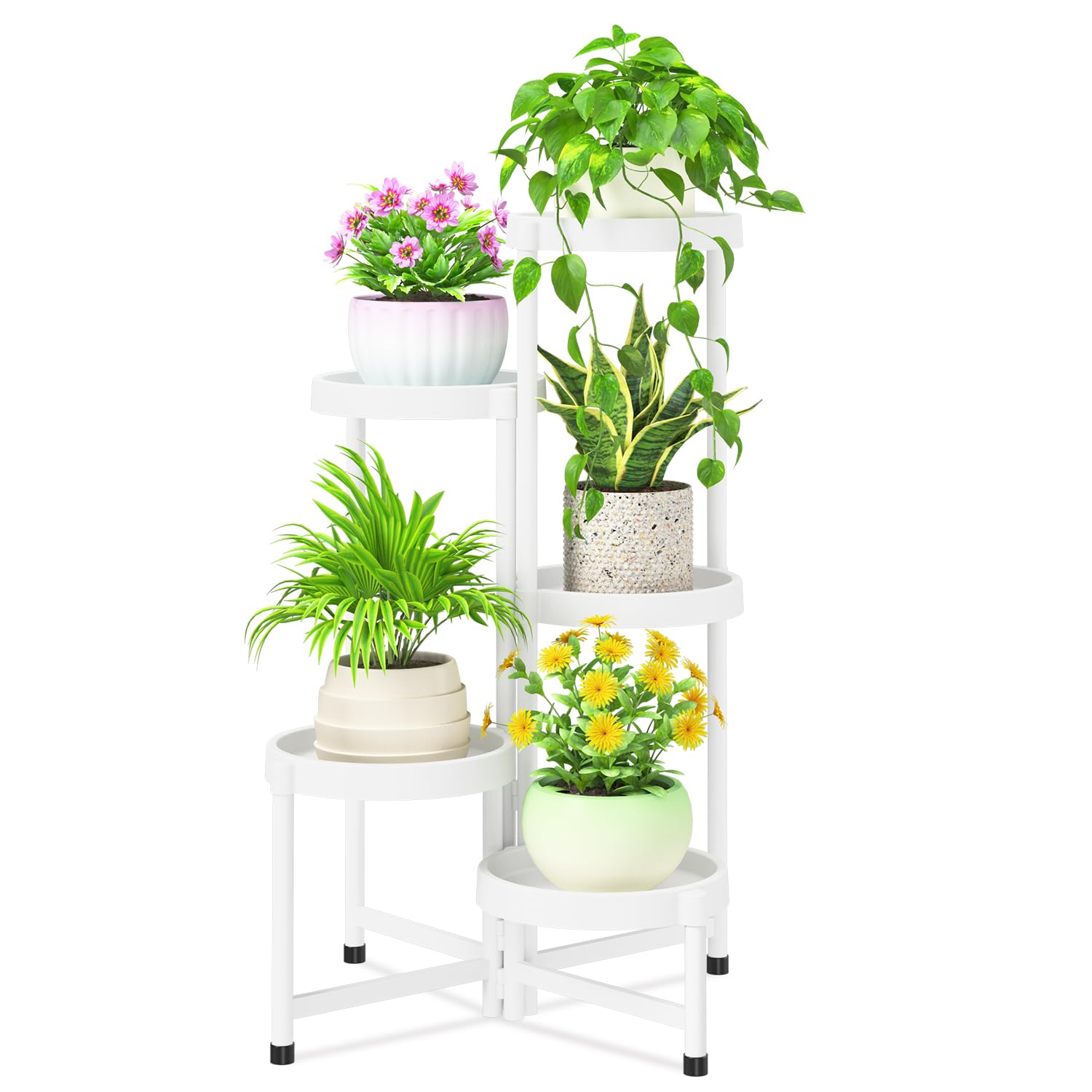 iDavosic.ly 3 Tier Folding Plant Stand Indoor Outdoor with Plastic Tray, Tiered Corner Flower Holder Shelf, Metal Orchid Display Rack for Patio Porch Living Room Garden Balcony, Modern Black