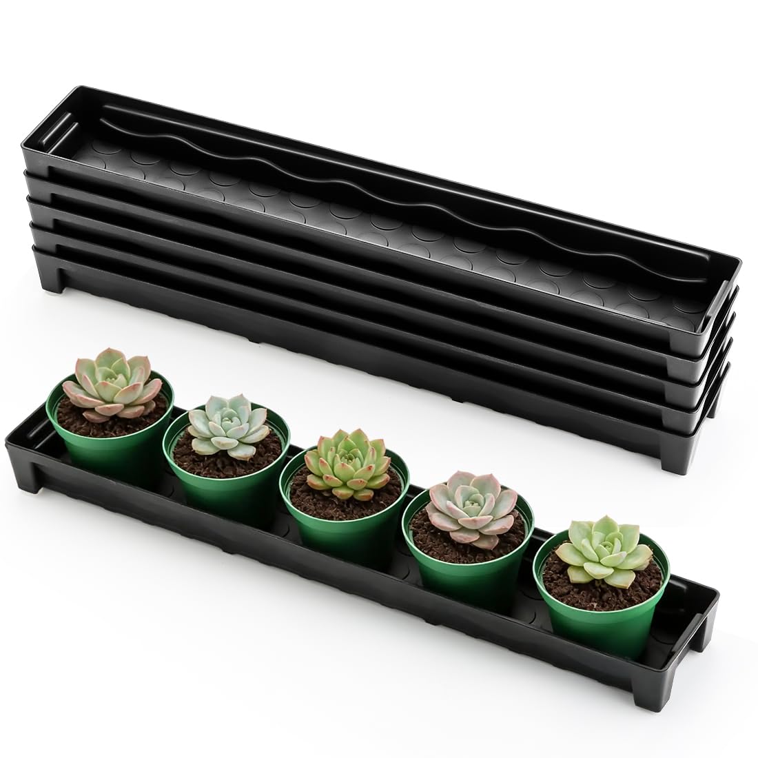5 Pack Plastic Window Sill Saucer (16"x5.5"x1.5"), Rectangular Windowsill Plant Pot Trays with Removable Drainage Hole, Thick Plant Saucer Tray for 4 inch (10CM) Flower Seedling Pots (Black)