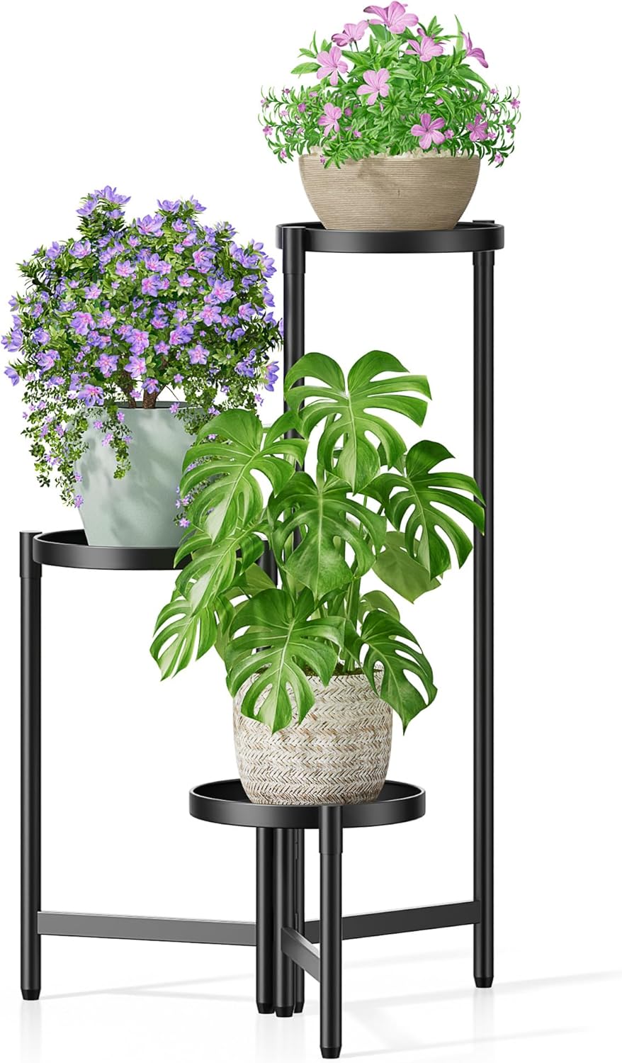 3 Tier Large Plant Stand Indoor with 7.9 Inch Wide Tray, Tiered Corner Metal Outdoor Flower Holder Stand, Folding Tall Rack for Display Shelf for Patio Porch Balcony - BlackDisk