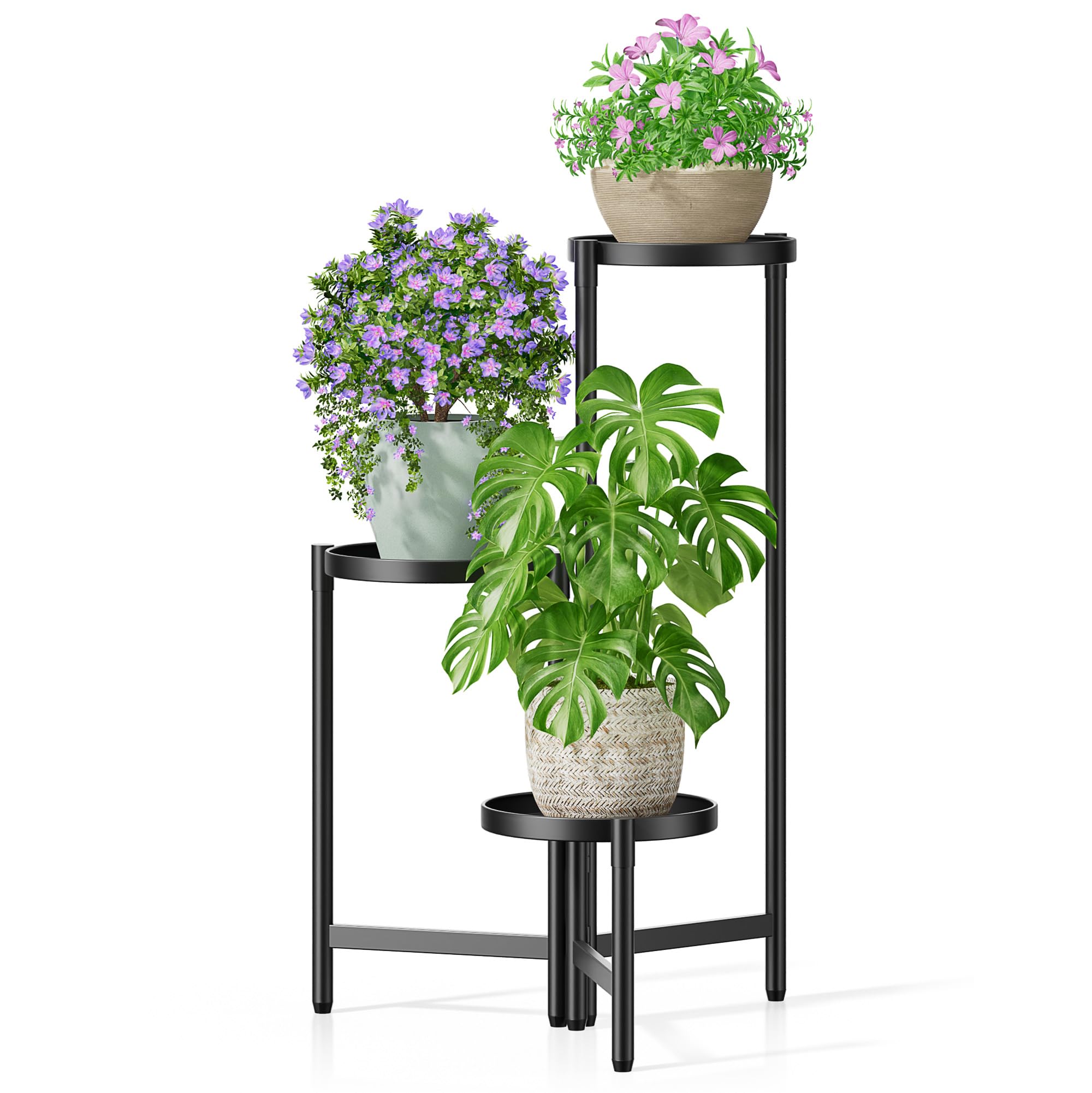 3 Tier Large Plant Stand Indoor with 7.9 Inch Wide Tray, Tiered Corner Metal Outdoor Flower Holder Stand, Folding Tall Rack for Display Shelf for Patio Porch Balcony - BlackDisk