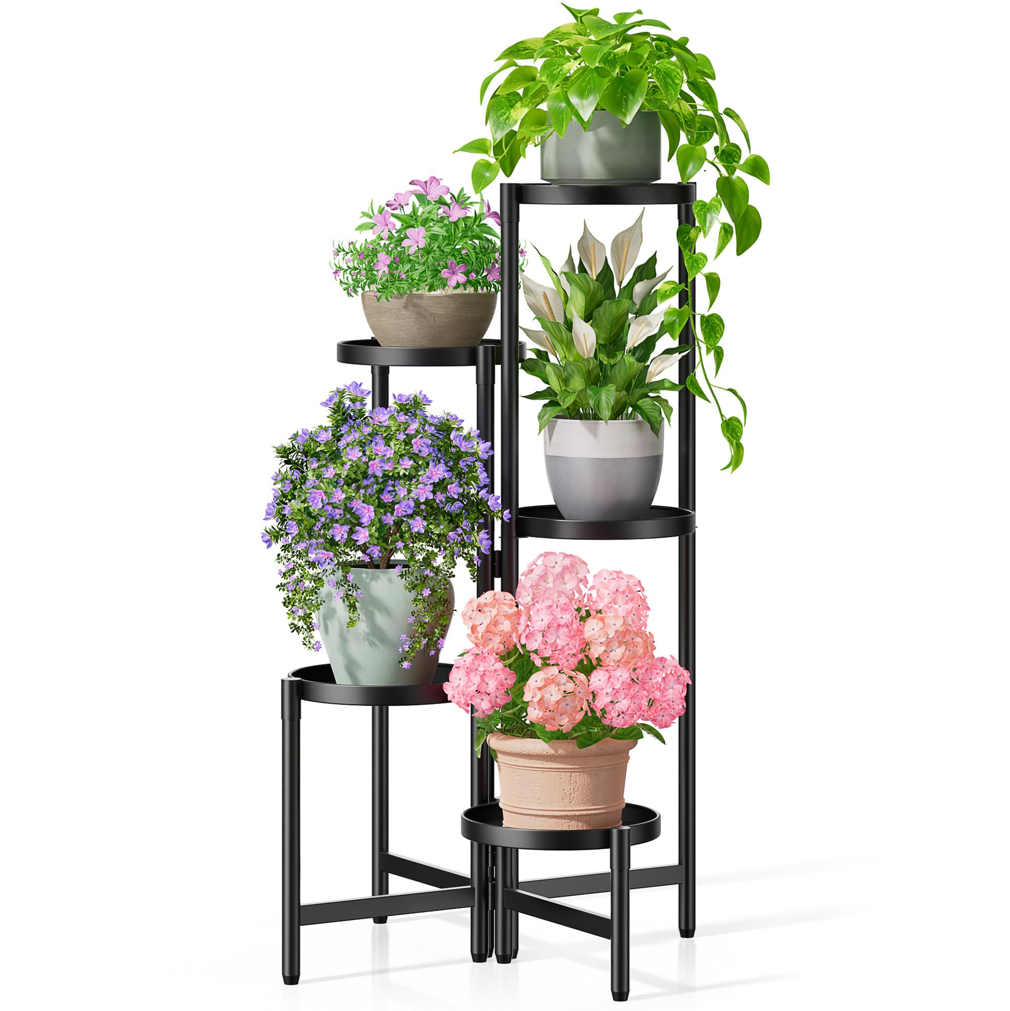 3 Tier Large Plant Stand Indoor with 7.9 Inch Wide Tray, Tiered Corner Metal Outdoor Flower Holder Stand, Folding Tall Rack for Display Shelf for Patio Porch Balcony - BlackDisk