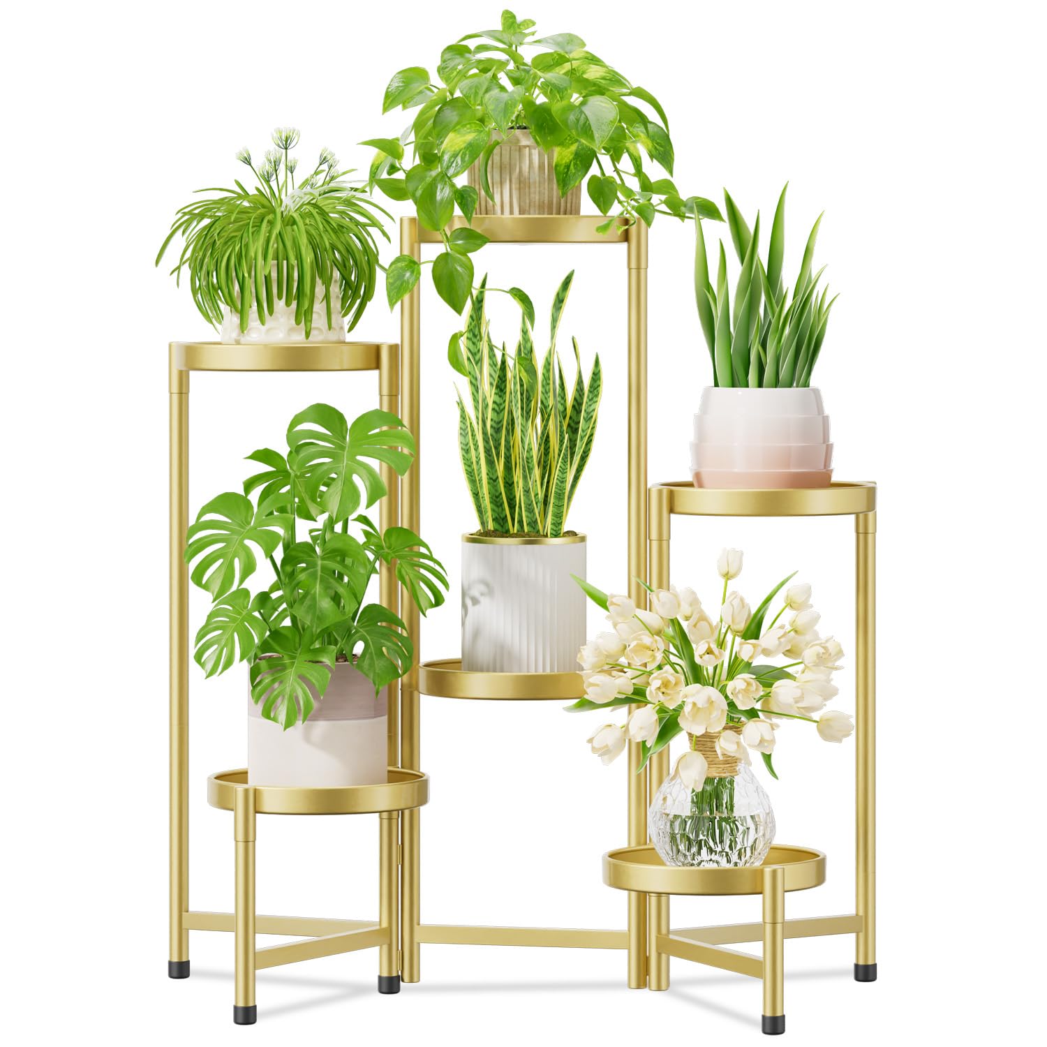 iDavosic.ly Plant Stand Indoor Outdoor, 5 Tier Corner Metal Flower Display Holder Shelf, Folding Tall Orchid Rack for Patio Balcony Porch Garden Living Room House, Gold