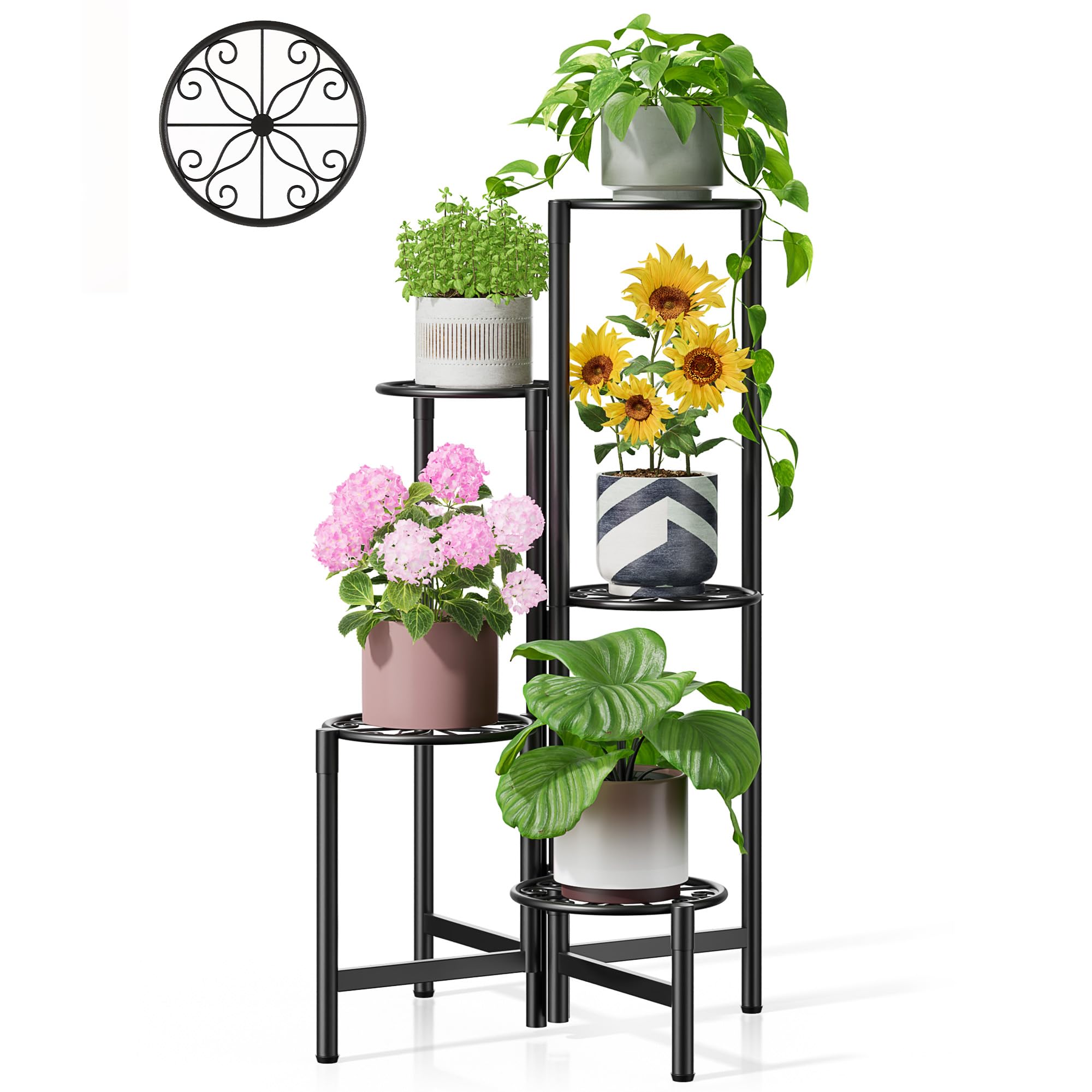 3 Tier Large Plant Stand Indoor with 7.9 Inch Wide Tray, Tiered Corner Metal Outdoor Flower Holder Stand, Folding Tall Rack for Display Shelf for Patio Porch Balcony - BlackDisk