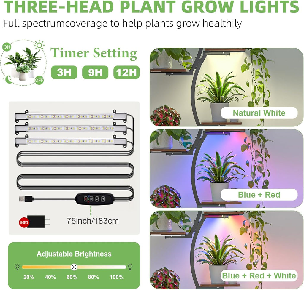 Acnusik Plant Stand Indoor with Grow Lights, 63" Tall Lighted Indoor Plant Shelf for Multiple Plants, 7-Tier Metal Plant Rack Corner Indoor Flower Stand Display for Living Room, Home, Patio, Balcony