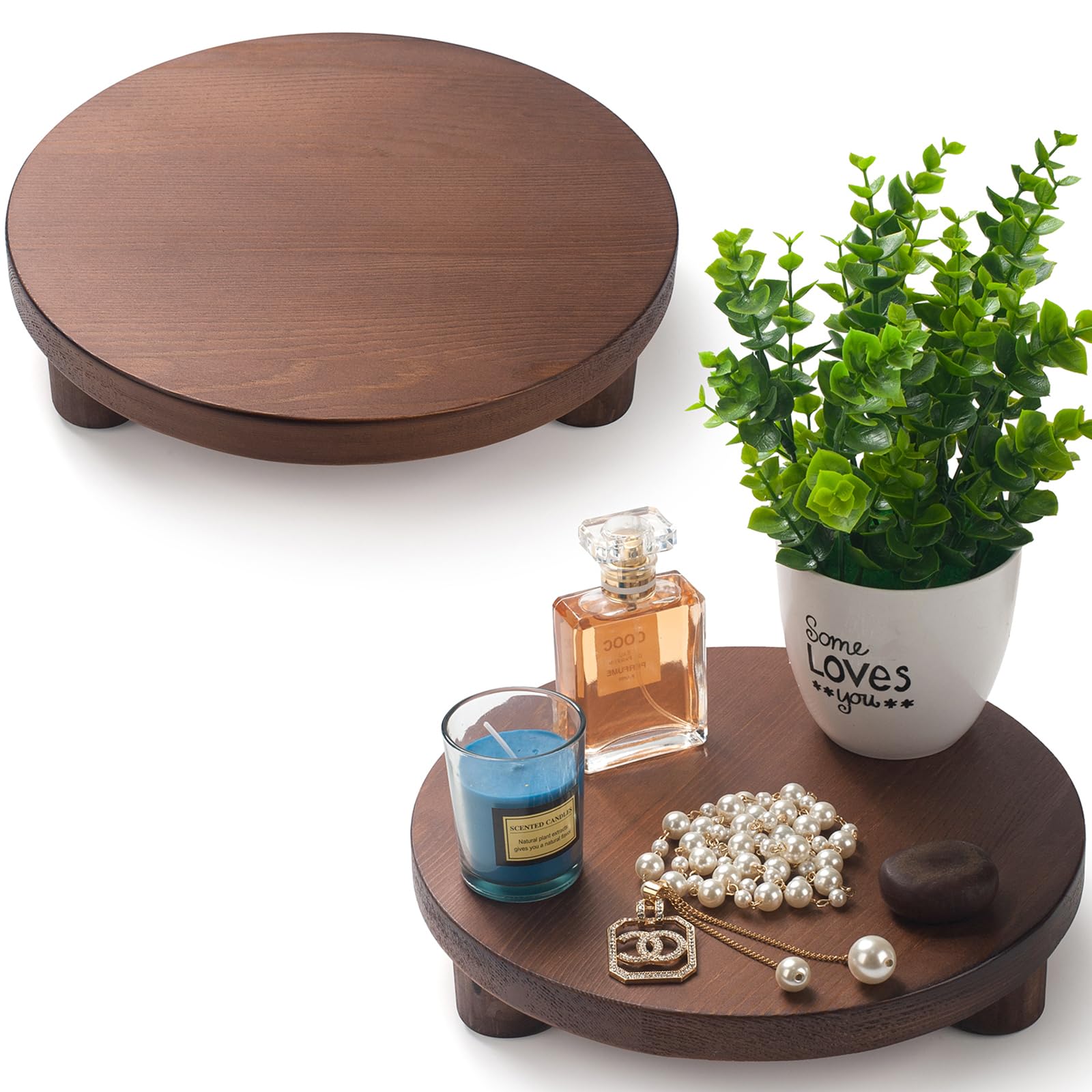 Wood Riser for Decor, 2 Pack Wood Pedestal Stand for Display, Round Wooden Tray for Kitchen Counter, Wooden Pedestal Stand for Plant Pot Indoor