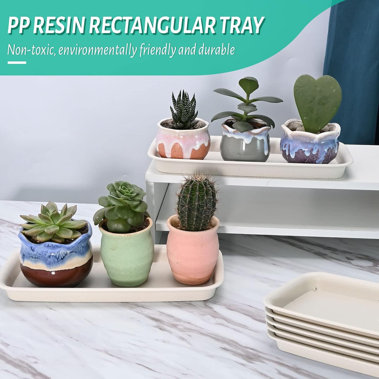 UOIENRT 5 Packs Rectangular Plastic Plant Saucers Tray, Window Sill Plant Tray, Drip Trays for Potted Plants, Plant Trays for Indoors No Holes for Window Sills and Window Shelf (11.8 x 5.3 x 1.1 Inch)