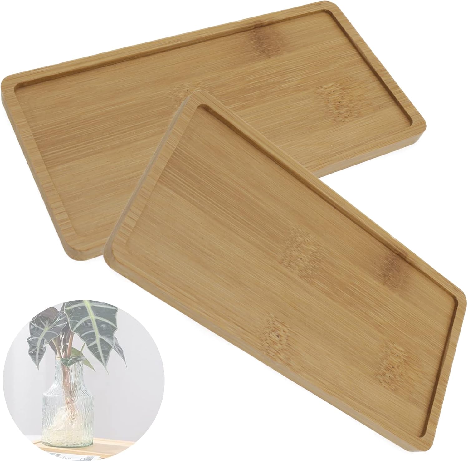 Pack of 2 Bamboo Plant Saucer Set, 11x4 Inch Rectangular Plant Trays for Indoors, Small Plant Saucers & drip Trays for Pots, Indoor Plant Accessories