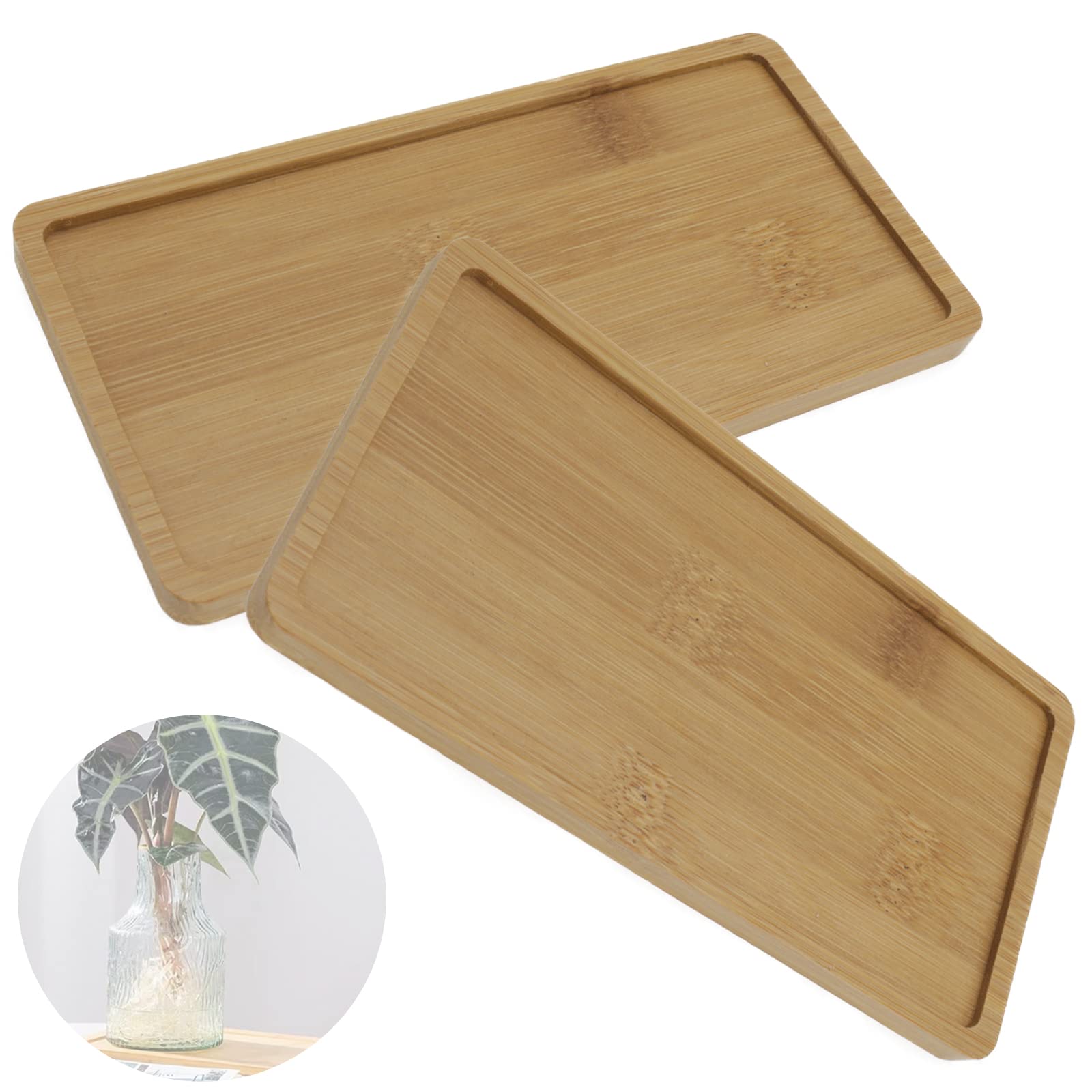 Pack of 2 Bamboo Plant Saucer Set, 11x4 Inch Rectangular Plant Trays for Indoors, Small Plant Saucers & drip Trays for Pots, Indoor Plant Accessories