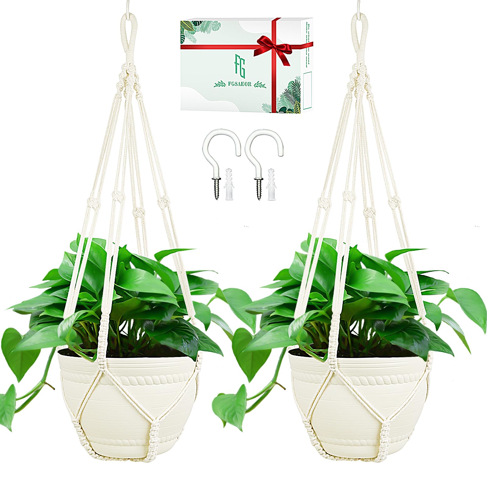FGSAEOR Macrame Plant Holder Basket, Hanging 3-15 inch Pot, Bearing 20lb Planters, 35 Inches Extra Long Strong Boho Home Indoor Outdoor Décor (2-Pack) (Ivory)