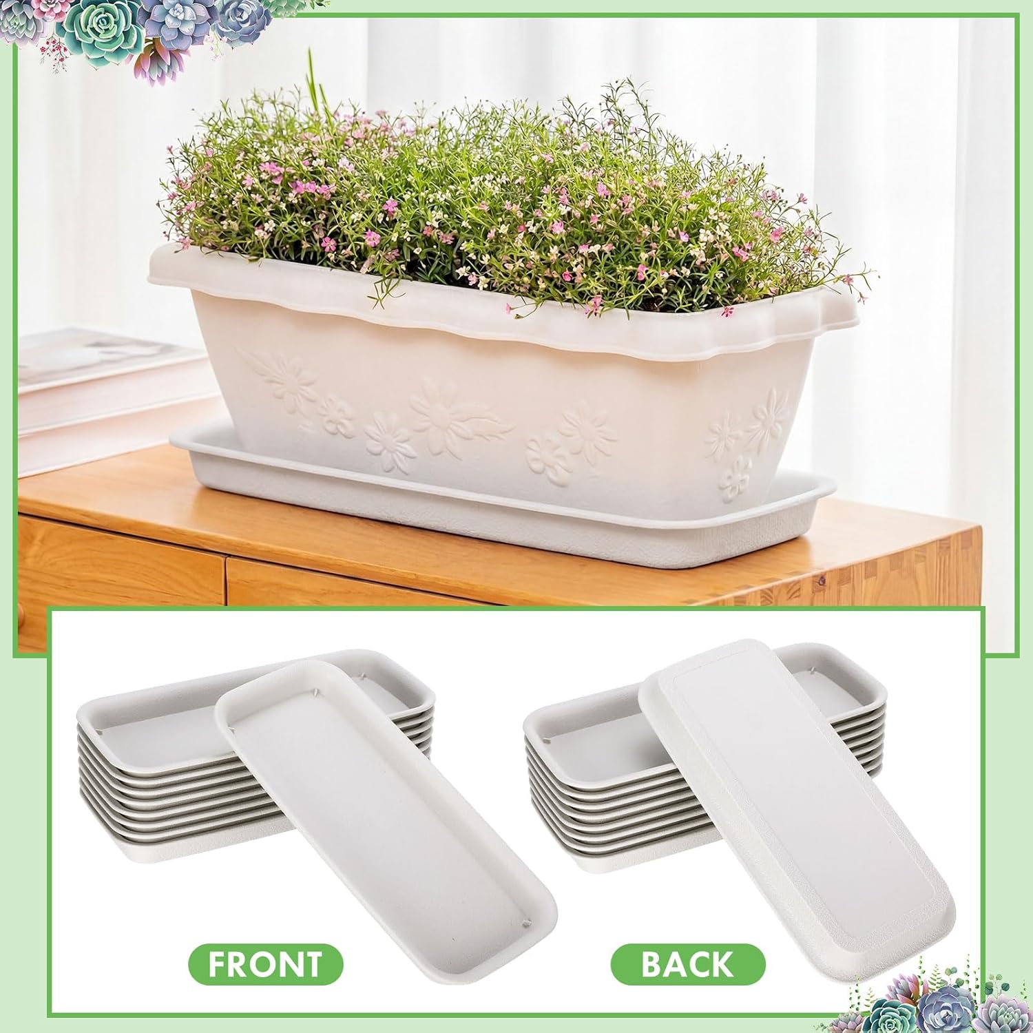Gejoy 20 Pack Plastic Rectangular Plant Saucer Tray Bulk, 11.8 x 5.3 x 1 Inch Durable Plastic Plant Drip Trays Windowsill Soil Blocking Trays No Holes Watering Tray for Indoor Outdoor Garden Supplies