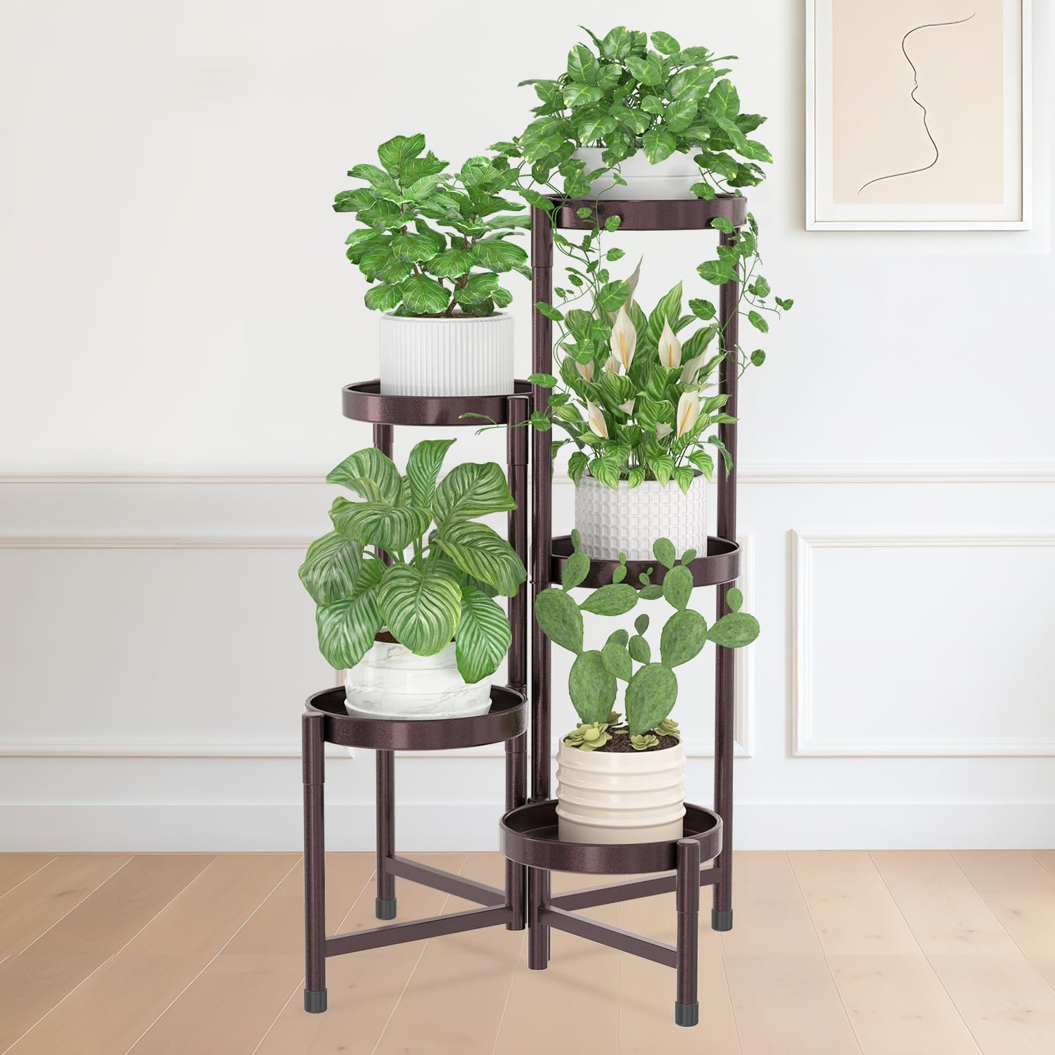 iDavosic.ly Plant Stand Indoor Outdoor, 5 Tier Corner Metal Flower Display Holder Shelf, Folding Tall Orchid Rack for Patio Balcony Porch Garden Living Room House, Gold