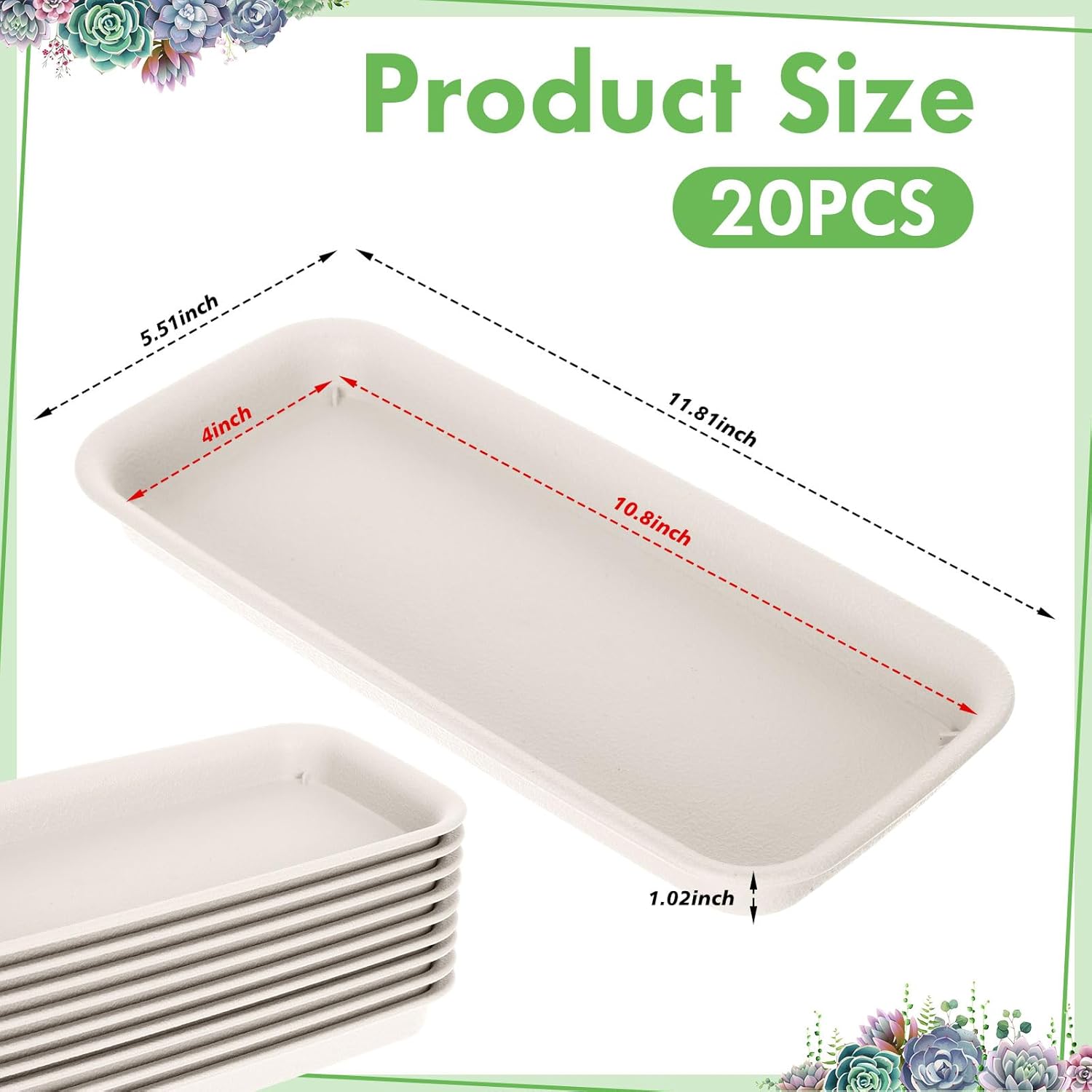 Gejoy 20 Pack Plastic Rectangular Plant Saucer Tray Bulk, 11.8 x 5.3 x 1 Inch Durable Plastic Plant Drip Trays Windowsill Soil Blocking Trays No Holes Watering Tray for Indoor Outdoor Garden Supplies