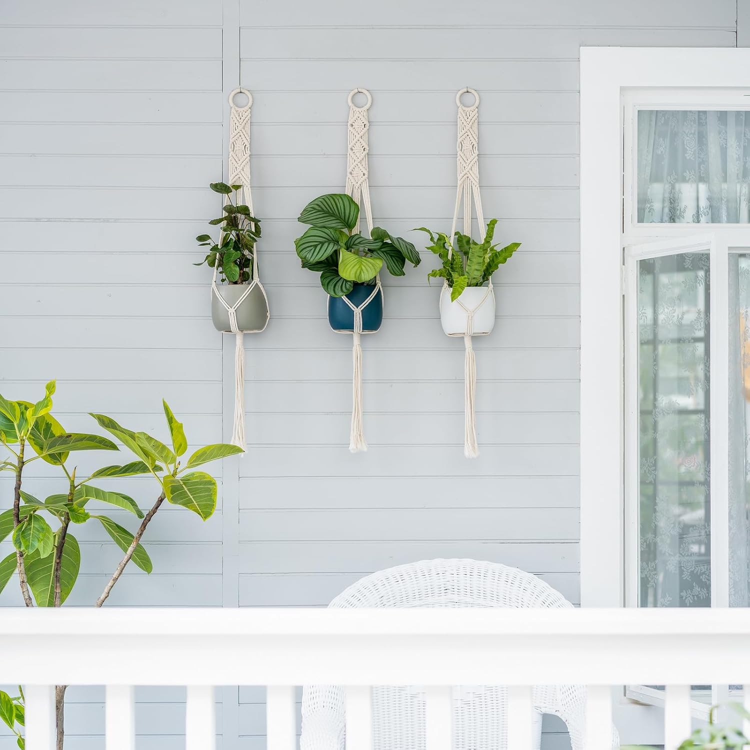 Mkono 3 Pack 39 Inch Macrame Plant Hangers Indoor Wall Hanging Planter Basket Flower Pot Holder Boho Home Decor, Ivory