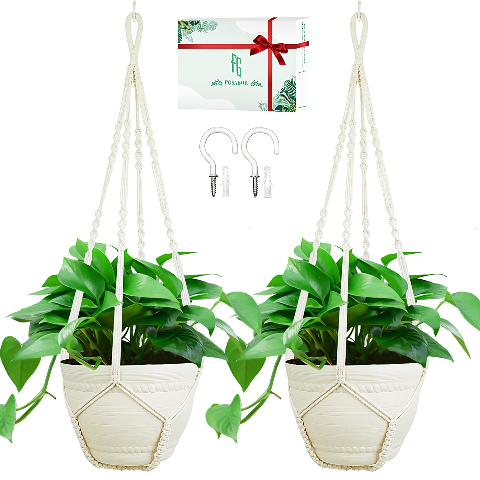 FGSAEOR Macrame Plant Holder Basket, Hanging 3-15 inch Pot, Bearing 20lb Planters, 35 Inches Extra Long Strong Boho Home Indoor Outdoor Décor (2-Pack) (Ivory)