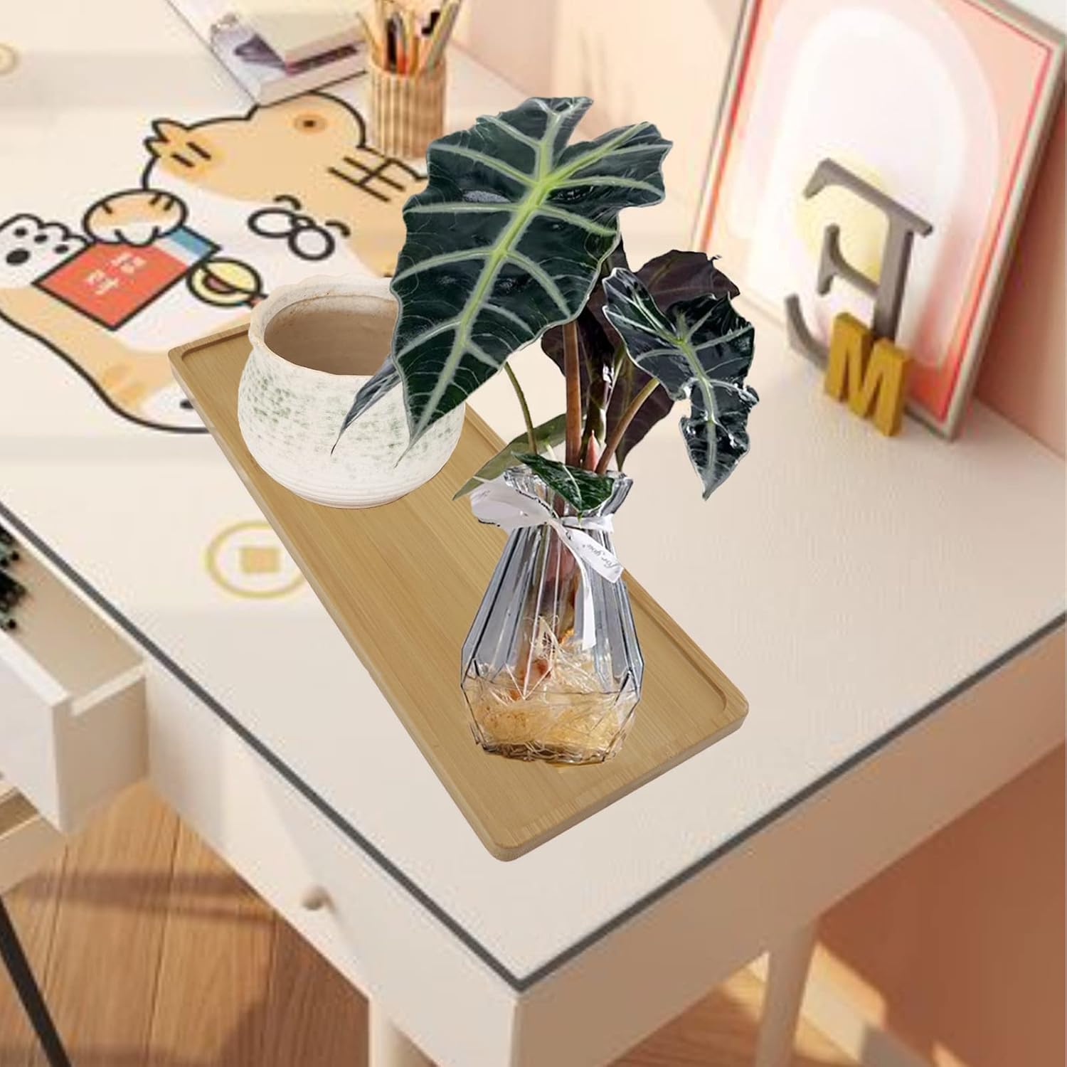 Pack of 2 Bamboo Plant Saucer Set, 11x4 Inch Rectangular Plant Trays for Indoors, Small Plant Saucers & drip Trays for Pots, Indoor Plant Accessories