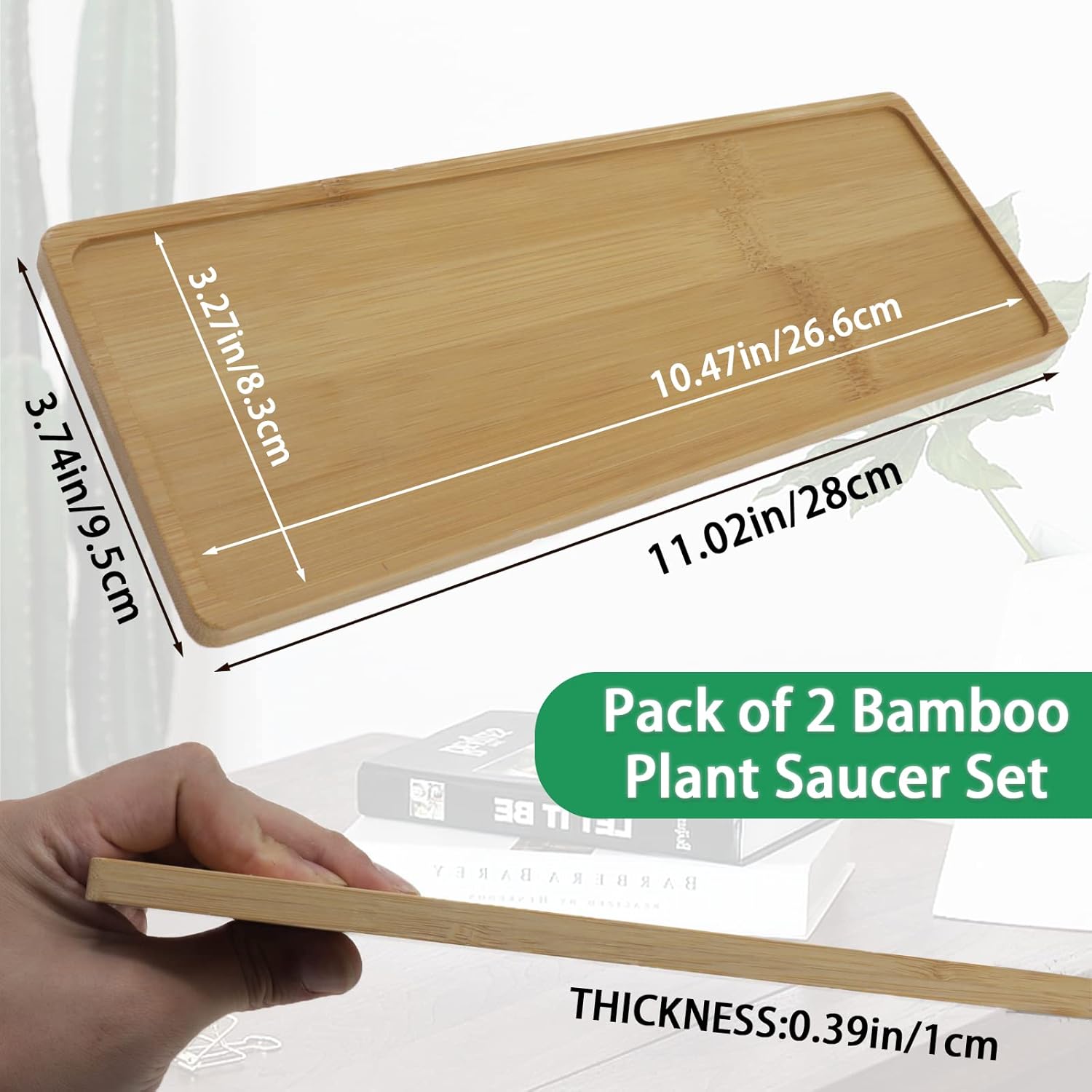 Pack of 2 Bamboo Plant Saucer Set, 11x4 Inch Rectangular Plant Trays for Indoors, Small Plant Saucers & drip Trays for Pots, Indoor Plant Accessories