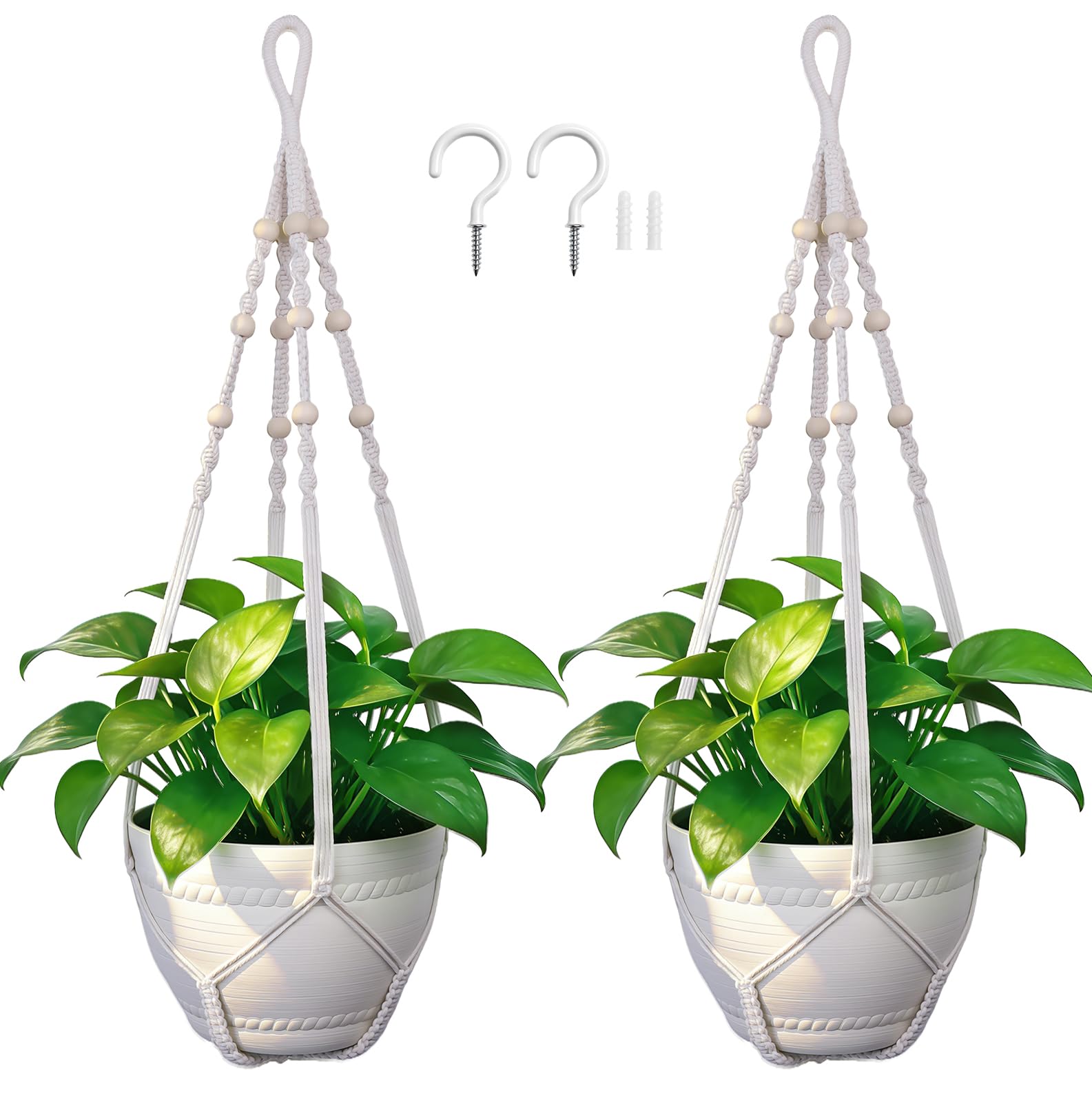 Macrame Plant Hanger, Up to 4-15 inch Pots, Wood Beads Cotton Hanging Planter Holder for Indoor Outdoor Boho Home Decor, 35 Inch, Set of 2 (Ivory)