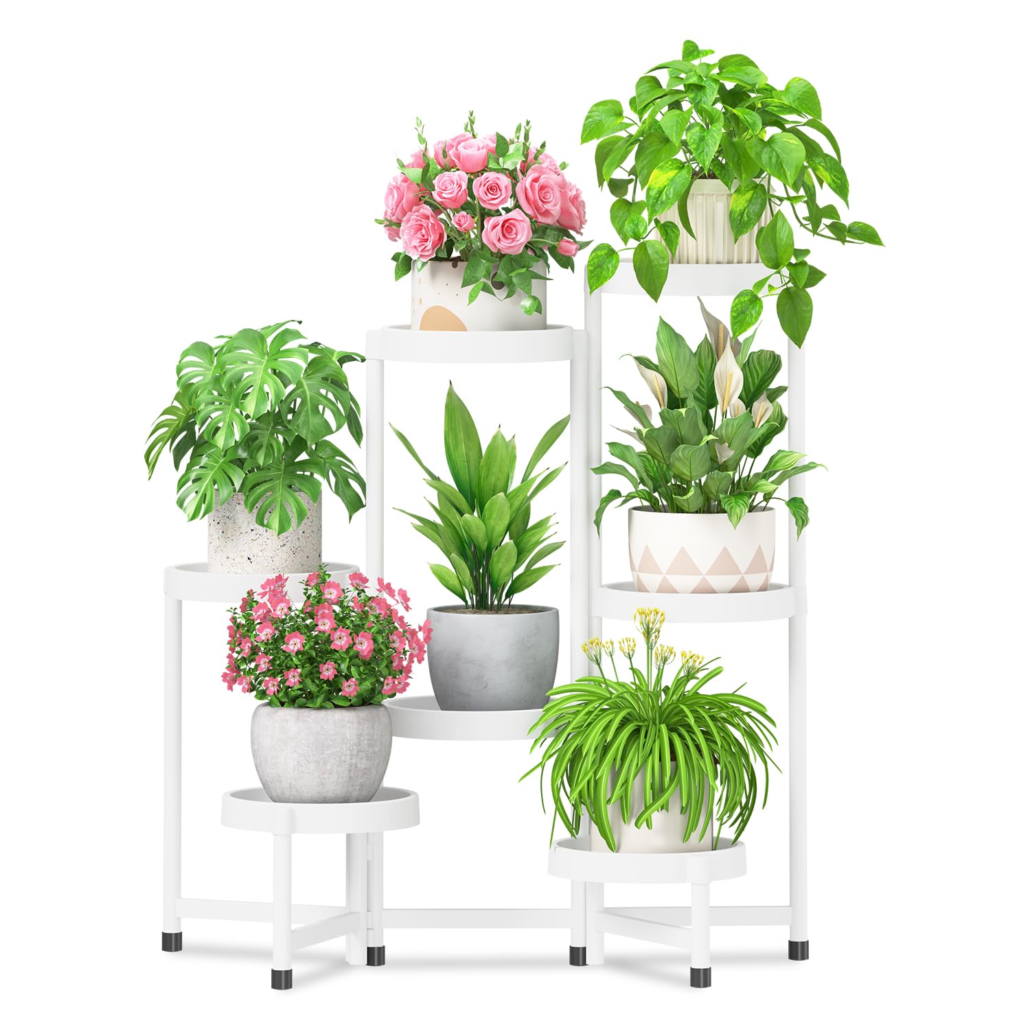 iDavosic.ly 3 Tier Folding Plant Stand Indoor Outdoor with Plastic Tray, Tiered Corner Flower Holder Shelf, Metal Orchid Display Rack for Patio Porch Living Room Garden Balcony, Modern Black