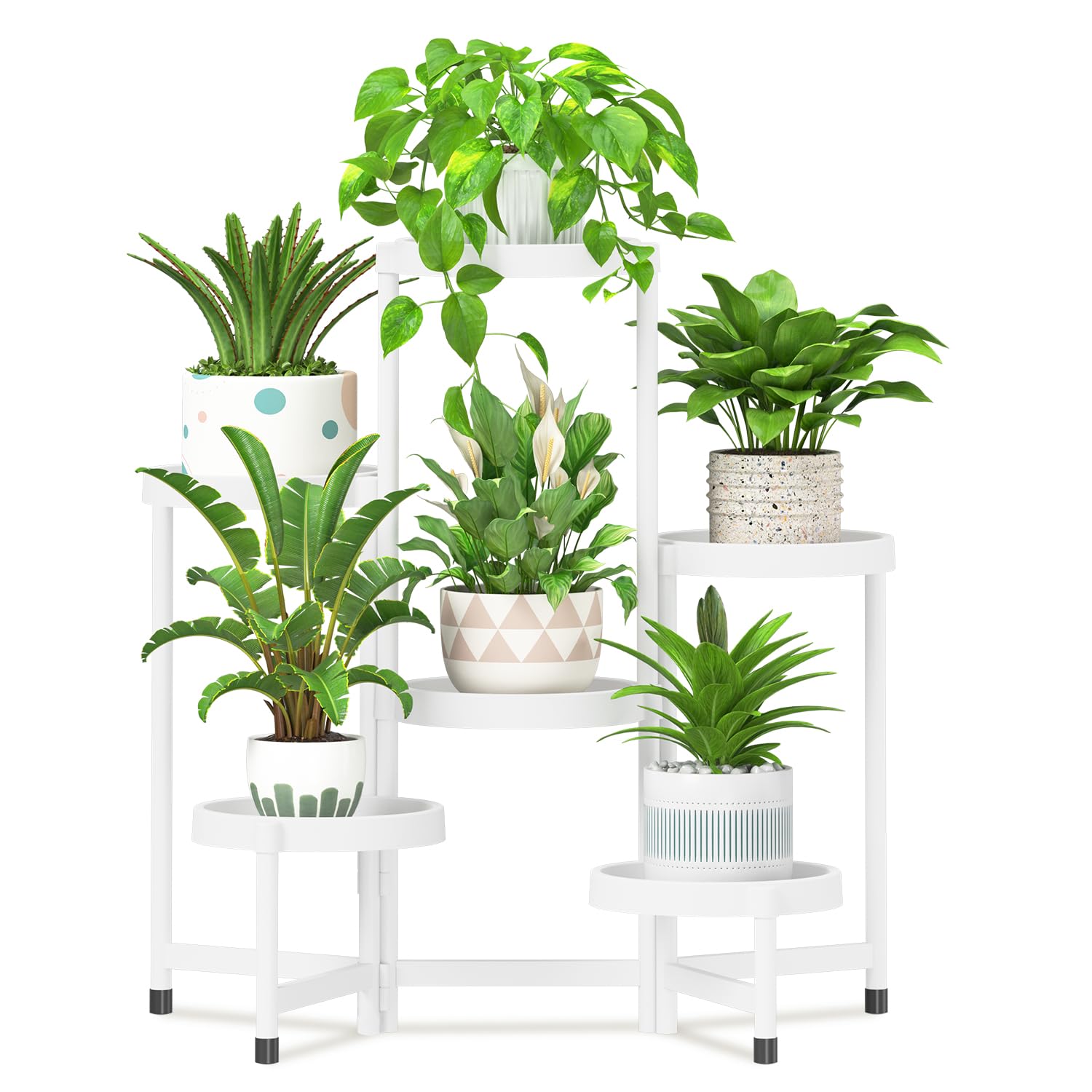 iDavosic.ly 3 Tier Folding Plant Stand Indoor Outdoor with Plastic Tray, Tiered Corner Flower Holder Shelf, Metal Orchid Display Rack for Patio Porch Living Room Garden Balcony, Modern Black