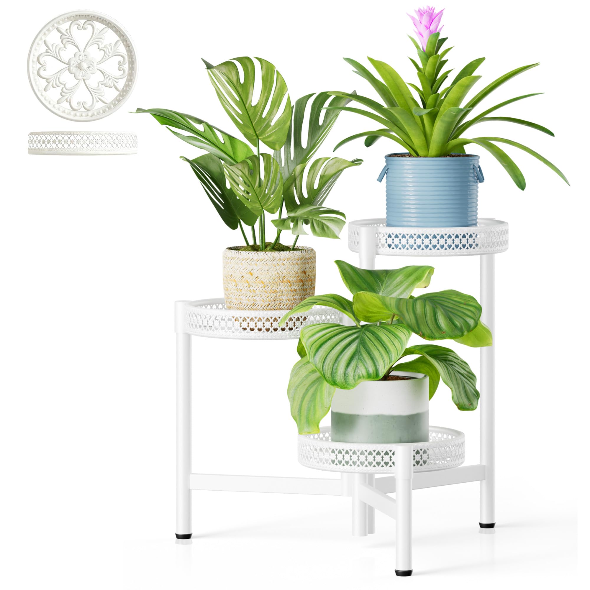 3 Tier Large Plant Stand Indoor with 7.9 Inch Wide Tray, Tiered Corner Metal Outdoor Flower Holder Stand, Folding Tall Rack for Display Shelf for Patio Porch Balcony - BlackDisk