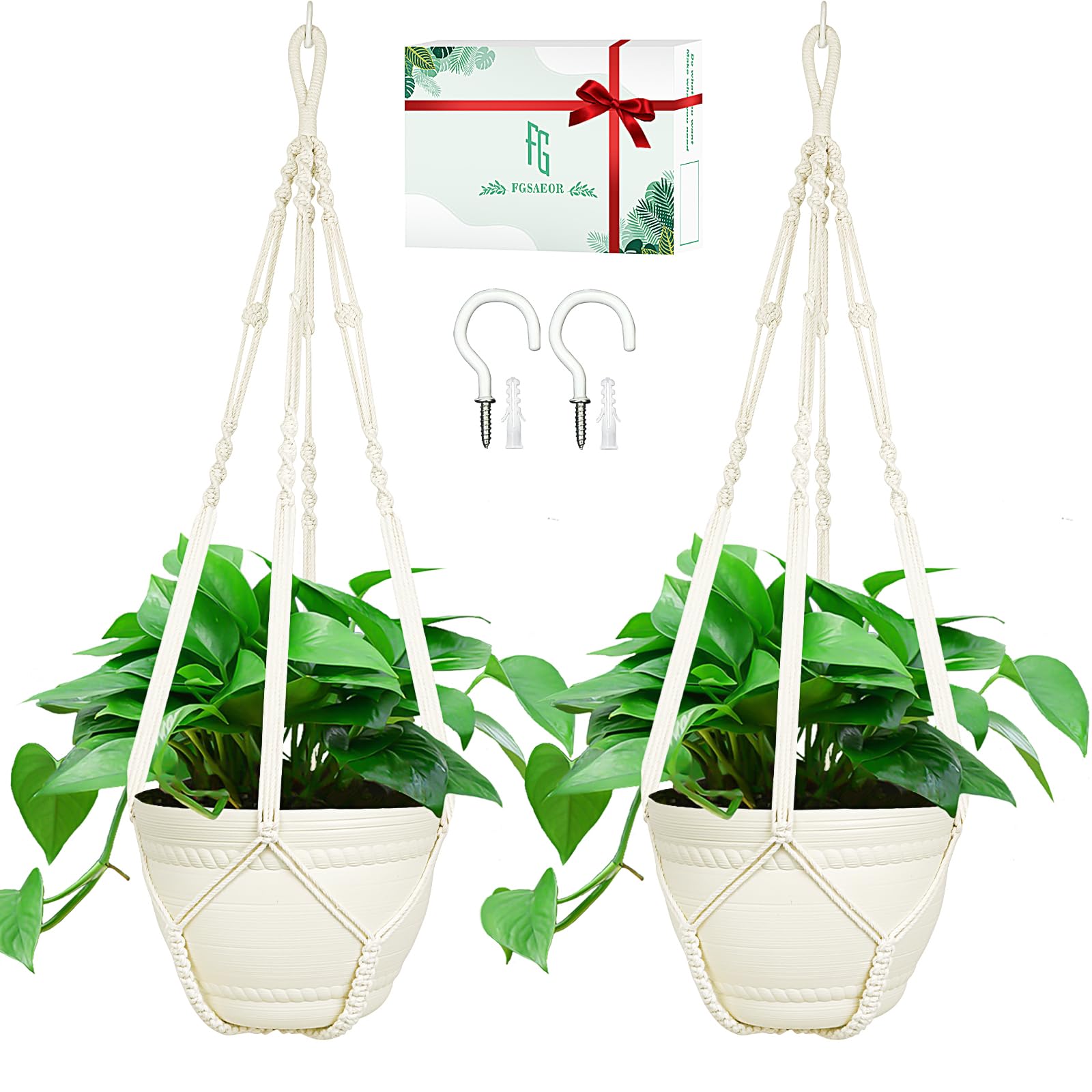 FGSAEOR Macrame Plant Holder Basket, Hanging 3-15 inch Pot, Bearing 20lb Planters, 35 Inches Extra Long Strong Boho Home Indoor Outdoor Décor (2-Pack) (Ivory)