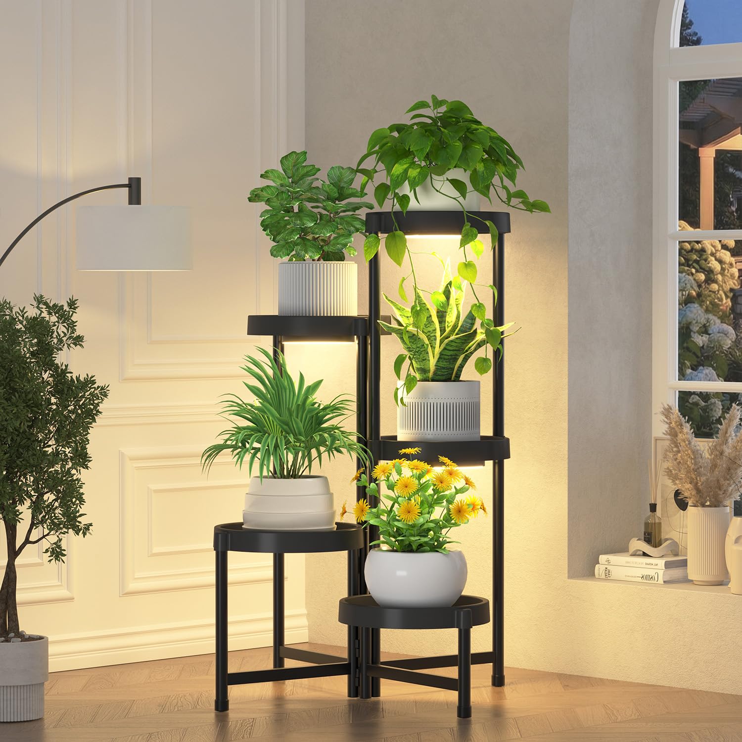 iDavosic.ly 3 Tier Folding Plant Stand Indoor Outdoor with Plastic Tray, Tiered Corner Flower Holder Shelf, Metal Orchid Display Rack for Patio Porch Living Room Garden Balcony, Modern Black