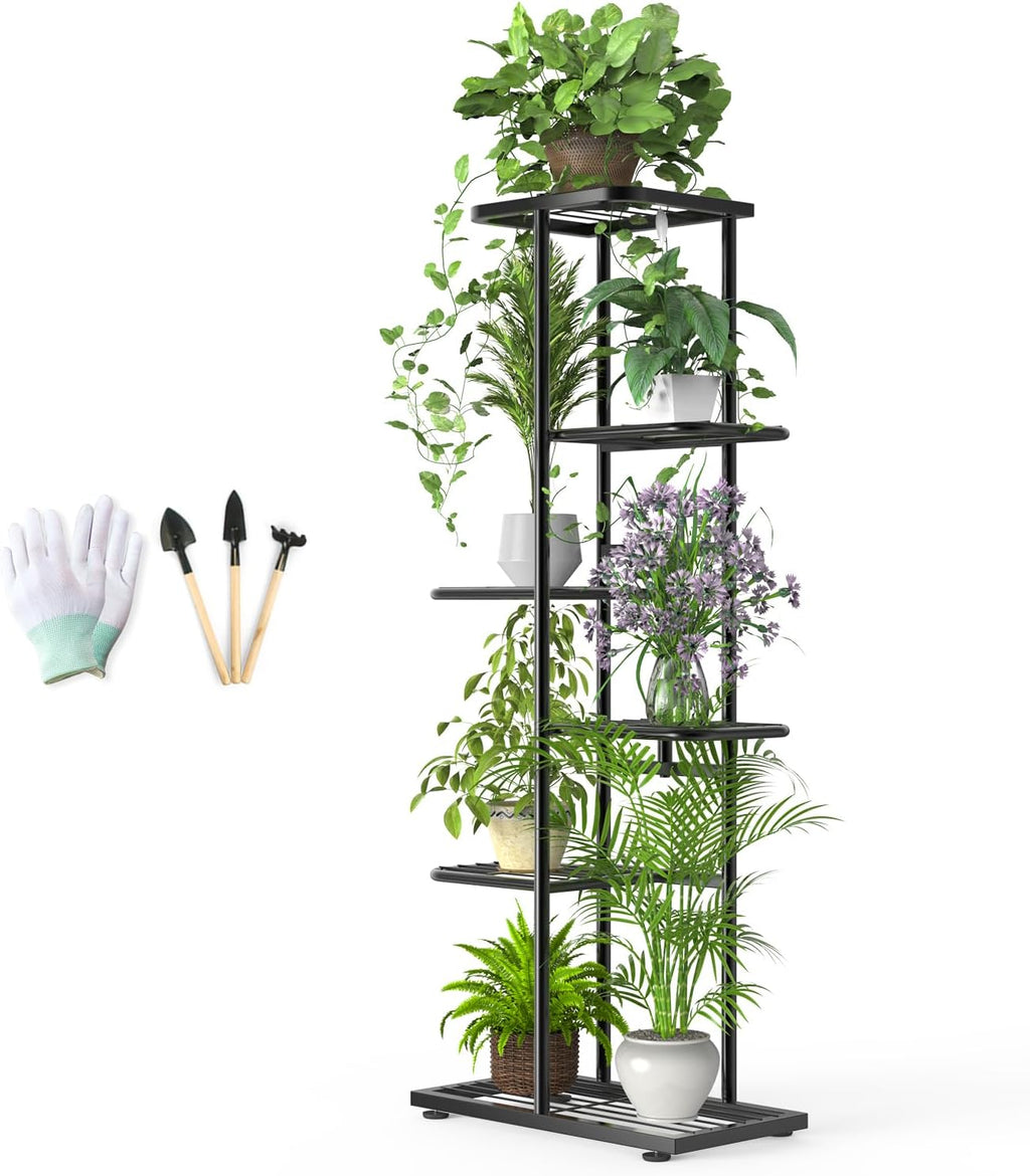 6 Tier 7 Potted Metal Plant Stand Indoor with Gardening Tools and Gloves, Corner Tall Tiered Plant Shelf Organizer Outdoor for Multiple Plants, Flower Pot Holder Display Rack for Patio, Garden