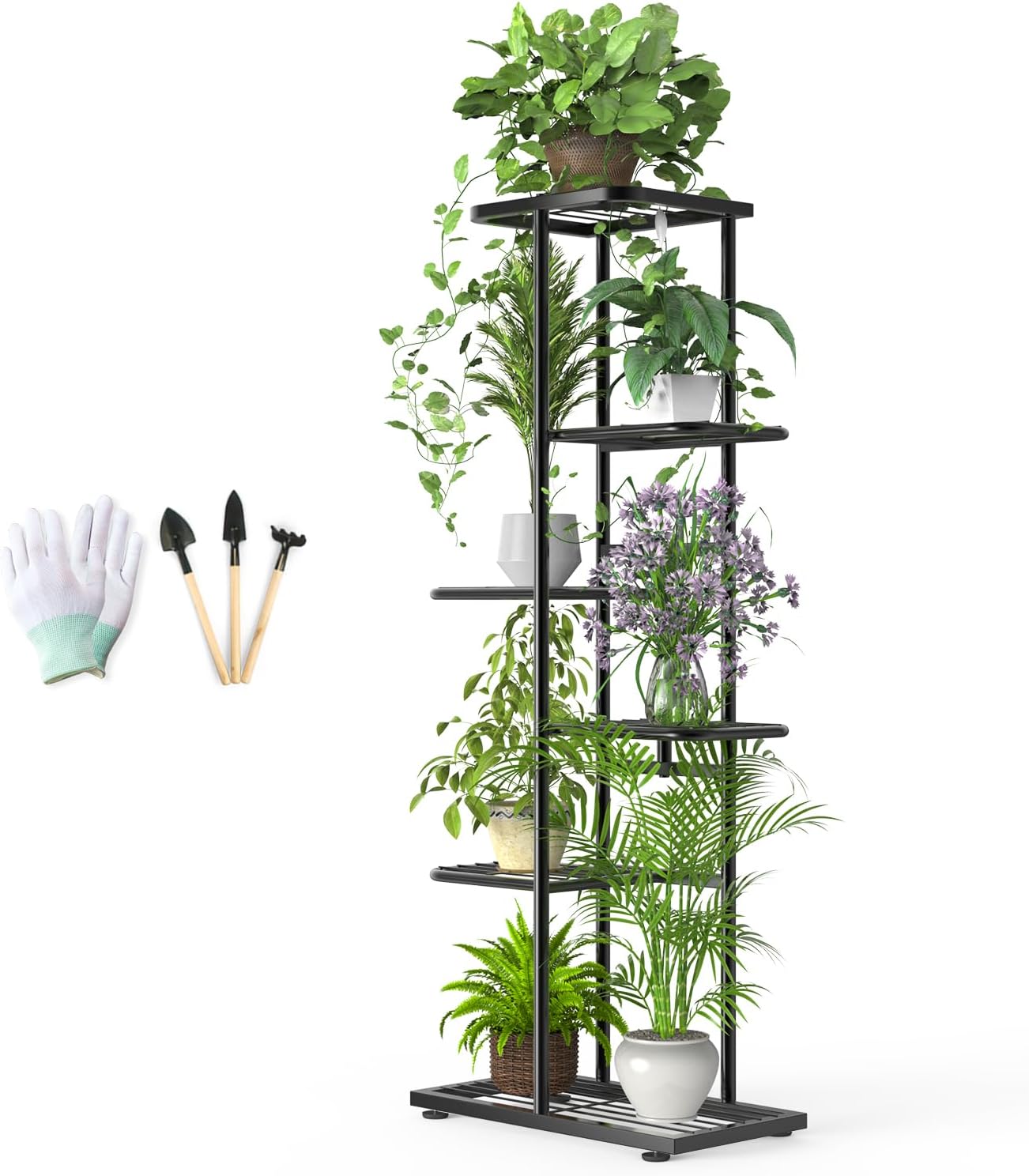 6 Tier 7 Potted Metal Plant Stand Indoor with Gardening Tools and Gloves, Corner Tall Tiered Plant Shelf Organizer Outdoor for Multiple Plants, Flower Pot Holder Display Rack for Patio, Garden