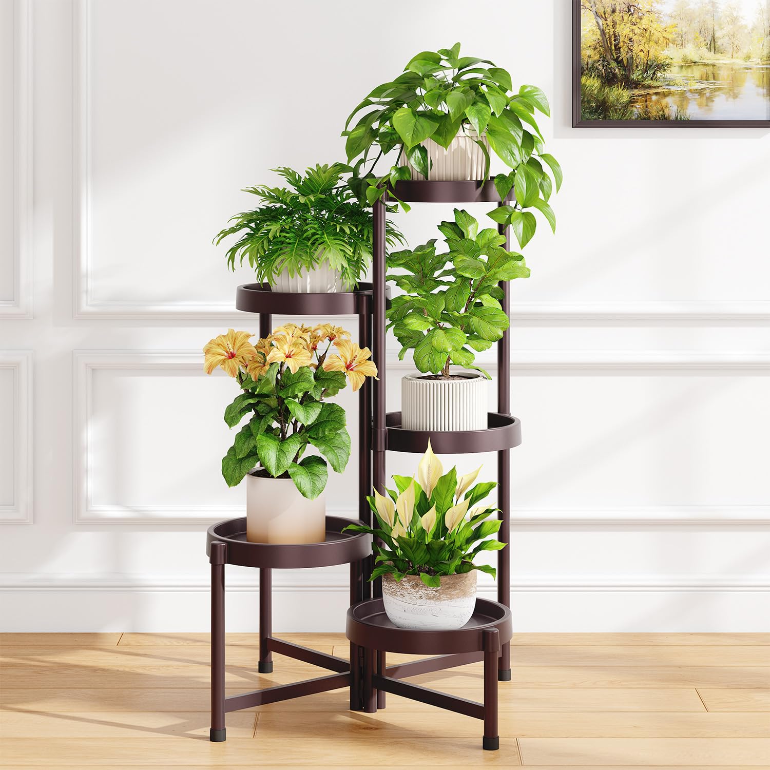 iDavosic.ly 3 Tier Folding Plant Stand Indoor Outdoor with Plastic Tray, Tiered Corner Flower Holder Shelf, Metal Orchid Display Rack for Patio Porch Living Room Garden Balcony, Modern Black