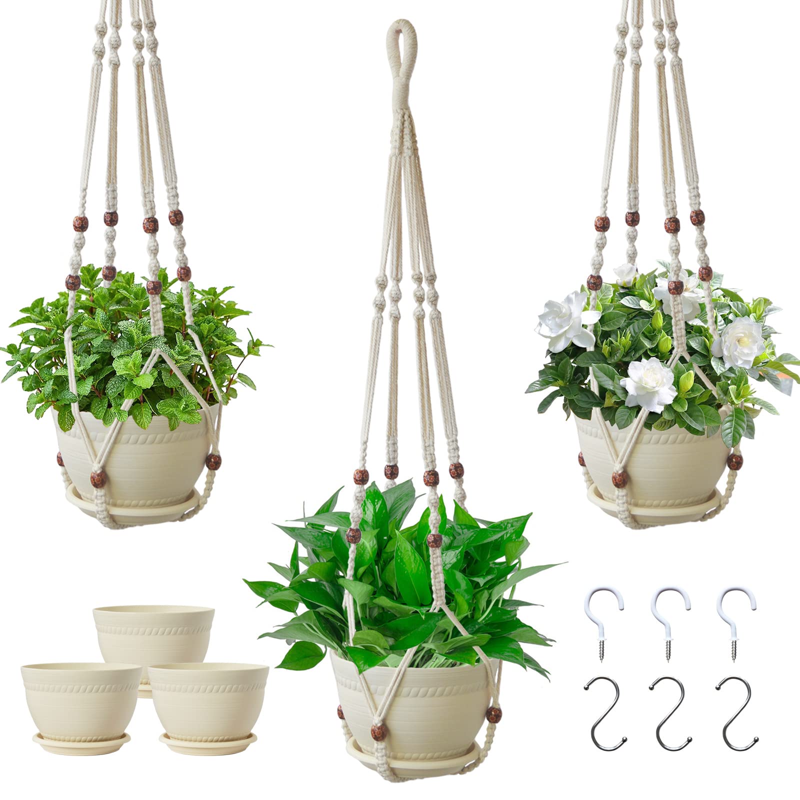 Macrame Plant Hanger with Pot, 3 Set Hanging Planters for Indoor Plants, Handmade Cotton Rope Boho Home Decor, Idea Gift for Anyone, Includes Plant Holders, Pots, Plates and Hooks (Mixed Color-1)