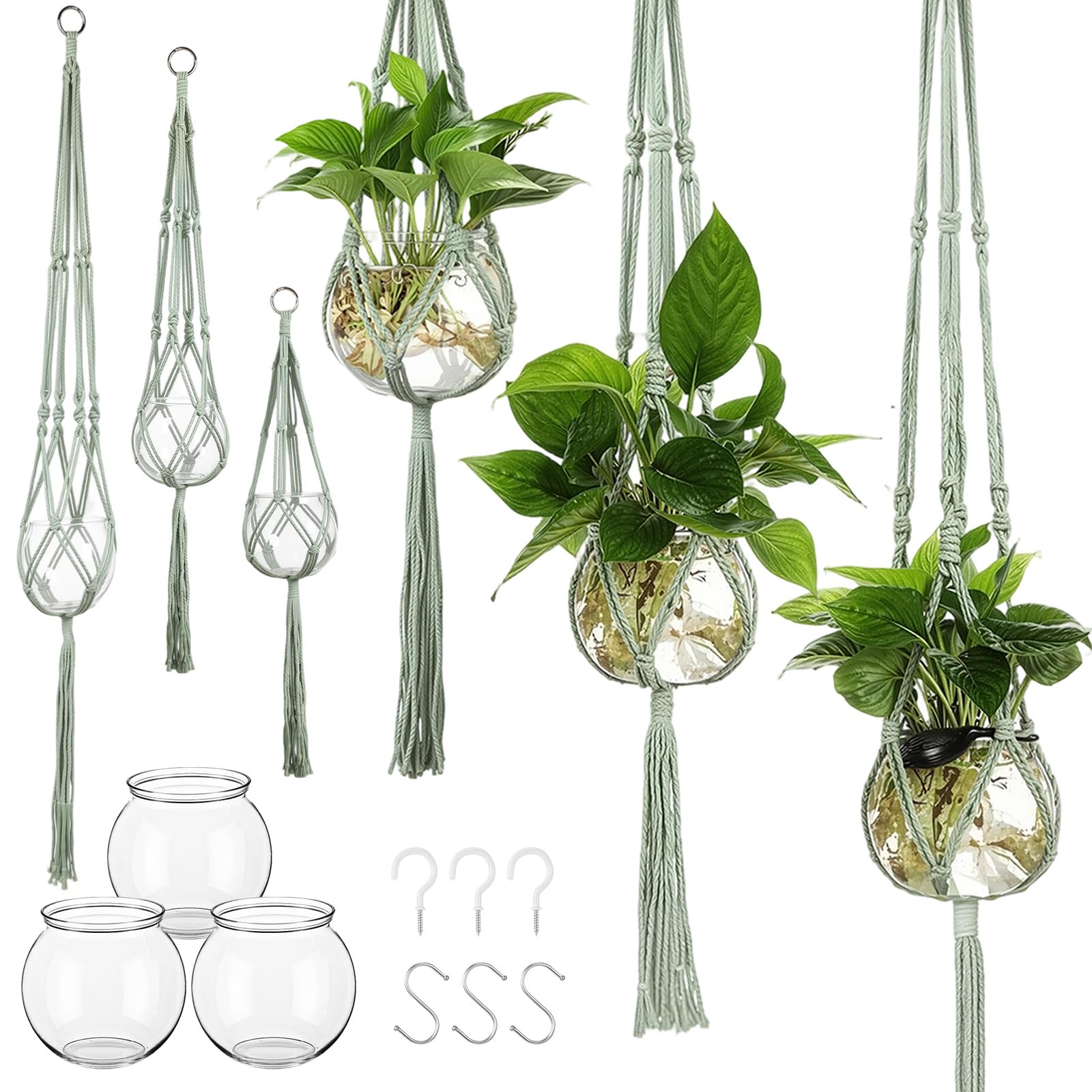 Colingmill 6 Pcs Boho Macrame Plant Hanger with Small Plastic Pot Hanging Plant Holder Wall Planter Propagation Station Include Hooks Kit for Indoor Home Garden Office Decor 3 Size (White)