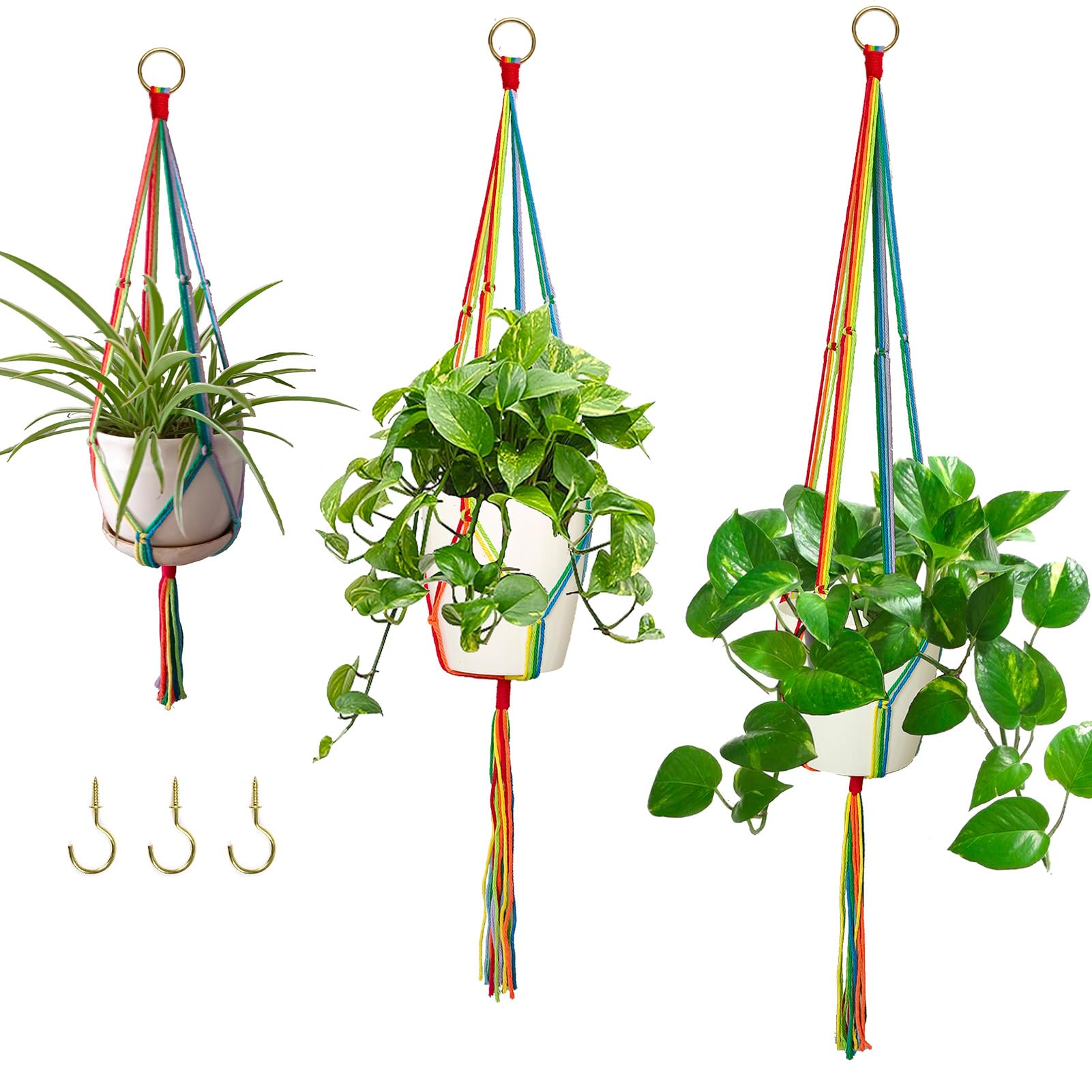 Rainbow Macrame Plant Hangers Indoor Outdoor, 3 Pack Different Size Flower Pot Holder Hanging Plant Holder for Windows Garden Boho Home Decor